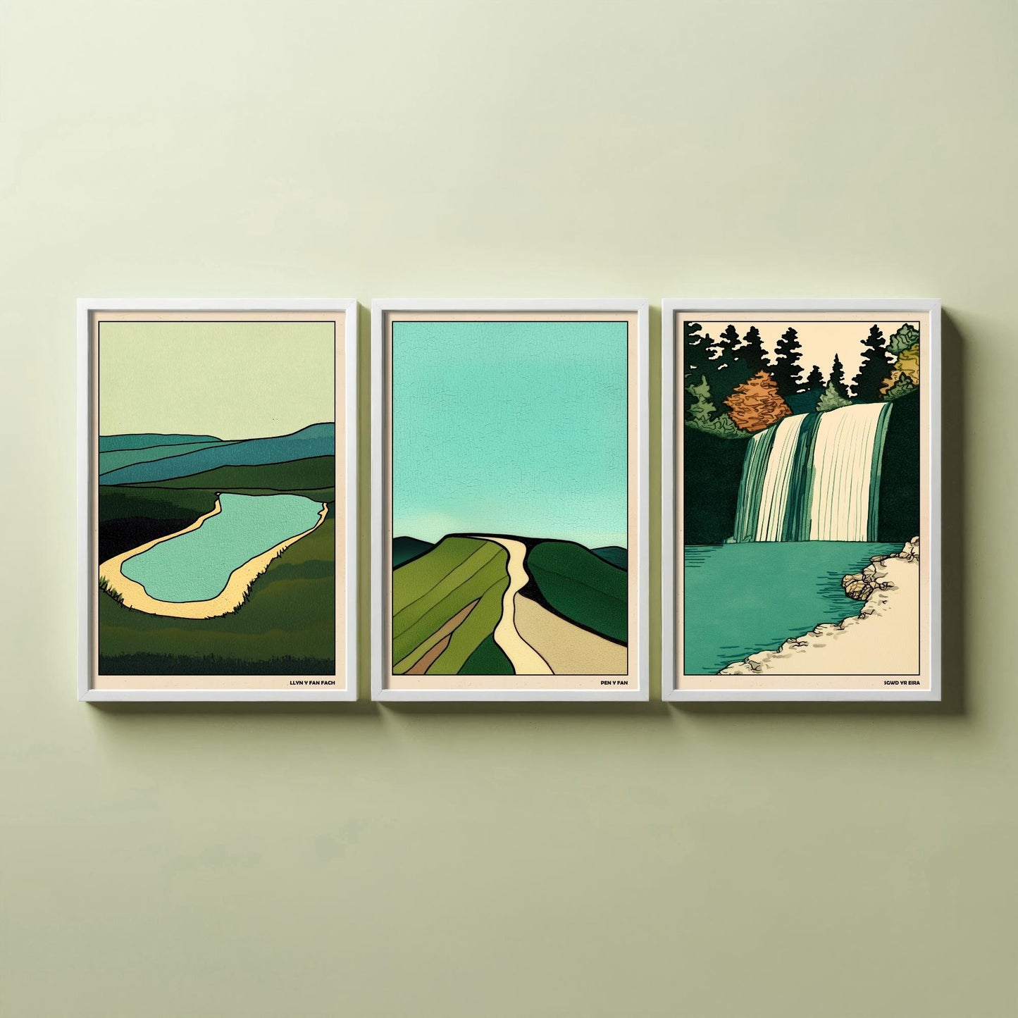 Brecon Beacons Wales Set of Three Prints | Llyn y Fan Fach Pen y Fan Sgwd yr Eira | Emerald Landscape Illustration Wall Art Poster