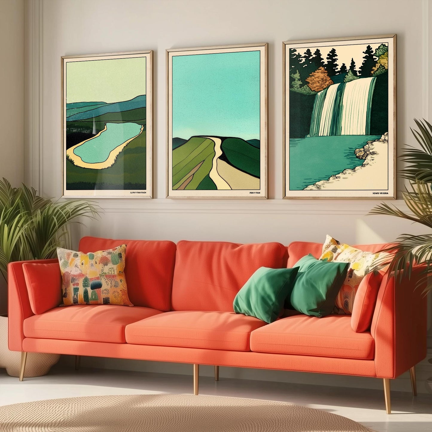Brecon Beacons Wales Set of Three Prints | Llyn y Fan Fach Pen y Fan Sgwd yr Eira | Emerald Landscape Illustration Wall Art Poster