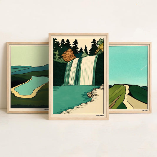 Brecon Beacons Wales Set of Three Prints | Llyn y Fan Fach Pen y Fan Sgwd yr Eira | Emerald Landscape Illustration Wall Art Poster