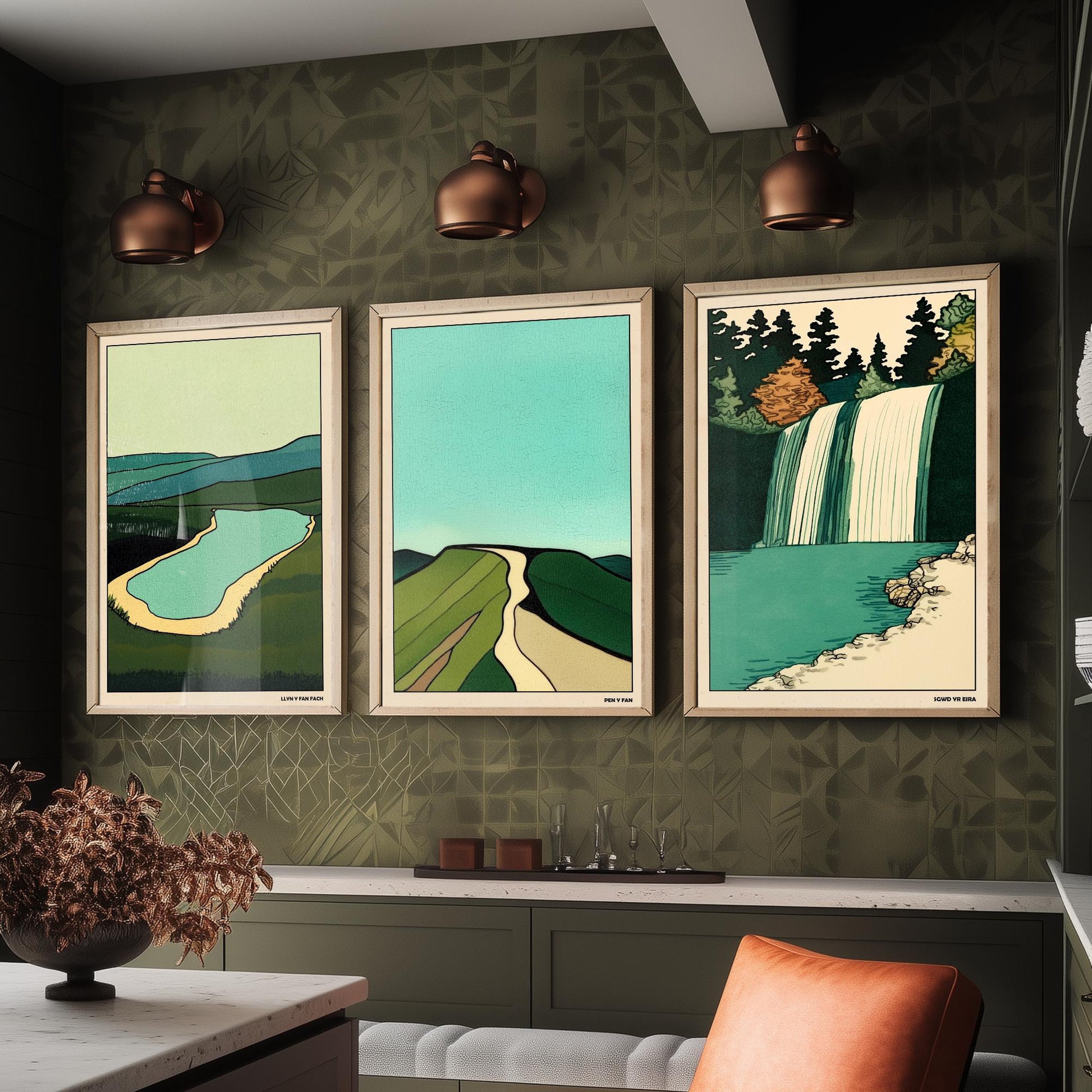 Brecon Beacons Wales Set of Three Prints | Llyn y Fan Fach Pen y Fan Sgwd yr Eira | Emerald Landscape Illustration Wall Art Poster
