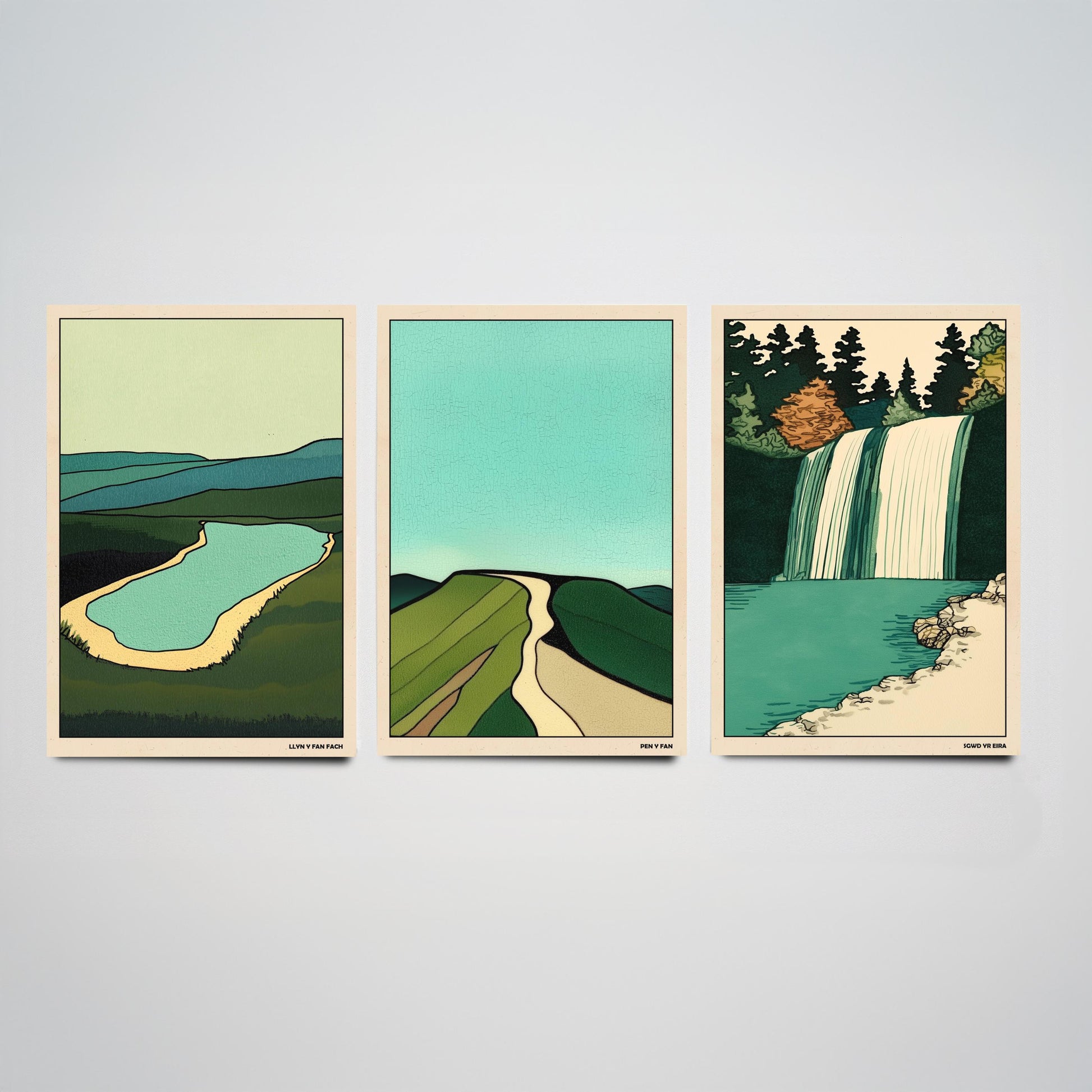 Brecon Beacons Wales Set of Three Prints | Llyn y Fan Fach Pen y Fan Sgwd yr Eira | Emerald Landscape Illustration Wall Art Poster