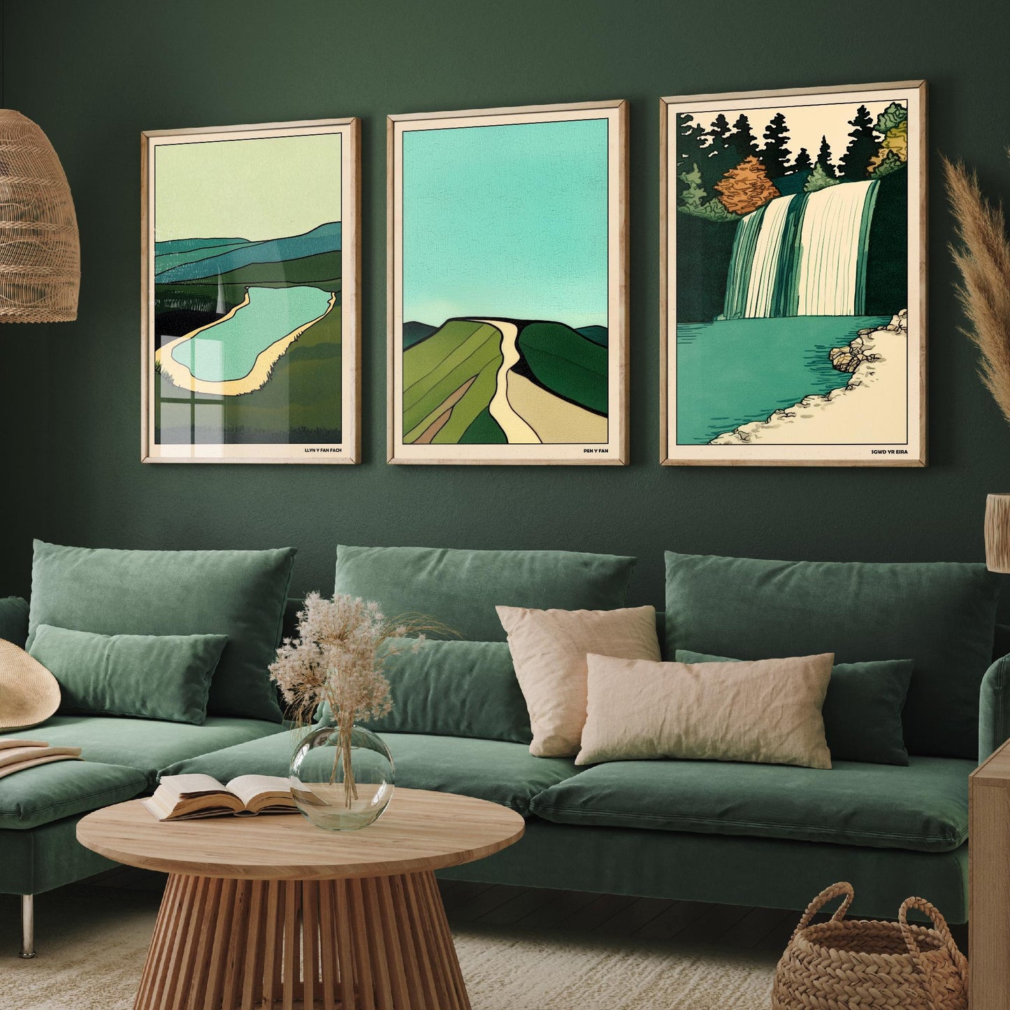 Brecon Beacons Wales Set of Three Prints | Llyn y Fan Fach Pen y Fan Sgwd yr Eira | Emerald Landscape Illustration Wall Art Poster