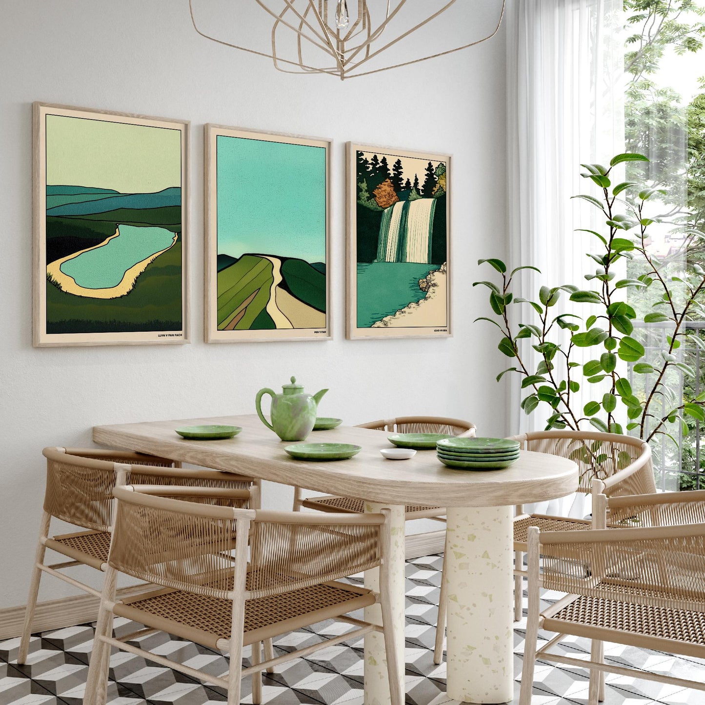 Brecon Beacons Wales Set of Three Prints | Llyn y Fan Fach Pen y Fan Sgwd yr Eira | Emerald Landscape Illustration Wall Art Poster