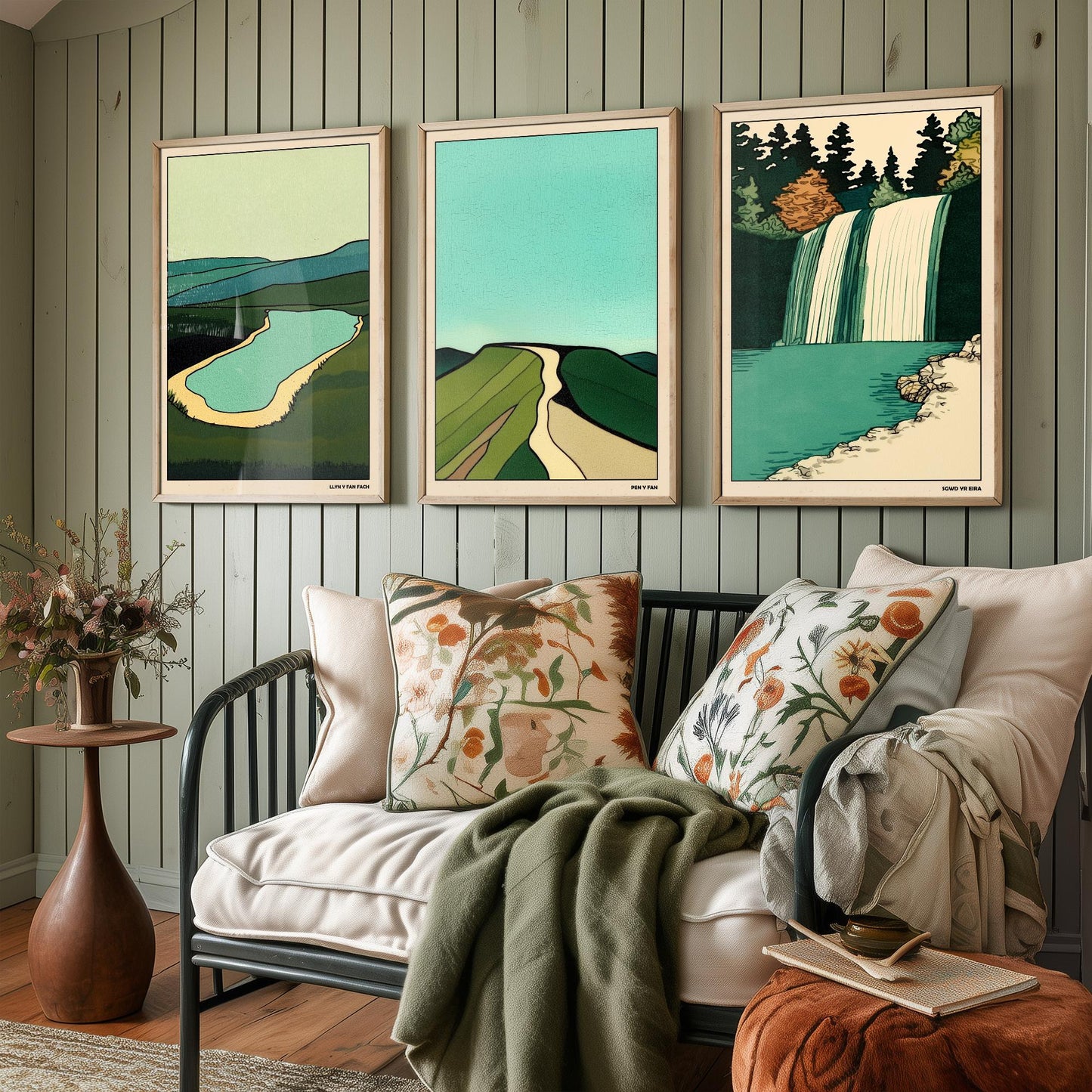 Brecon Beacons Wales Set of Three Prints | Llyn y Fan Fach Pen y Fan Sgwd yr Eira | Emerald Landscape Illustration Wall Art Poster