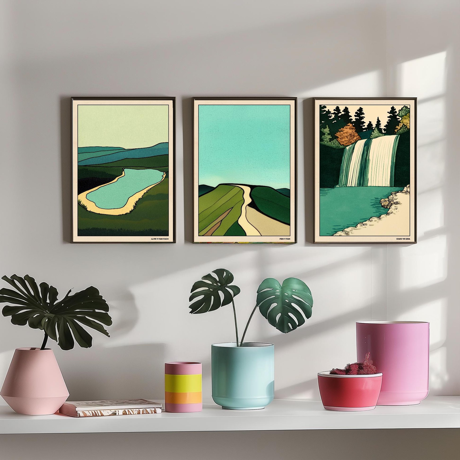 Brecon Beacons Wales Set of Three Prints | Llyn y Fan Fach Pen y Fan Sgwd yr Eira | Emerald Landscape Illustration Wall Art Poster