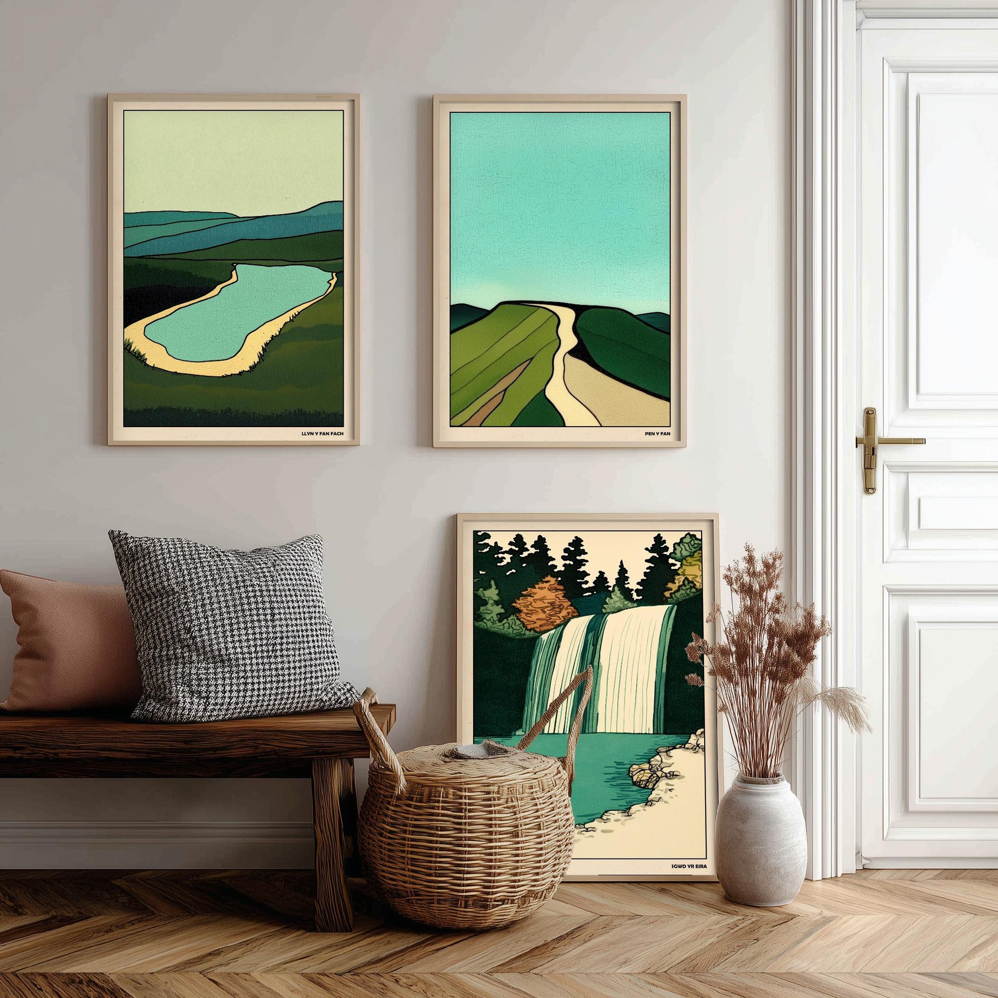 Brecon Beacons Wales Set of Three Prints | Llyn y Fan Fach Pen y Fan Sgwd yr Eira | Emerald Landscape Illustration Wall Art Poster