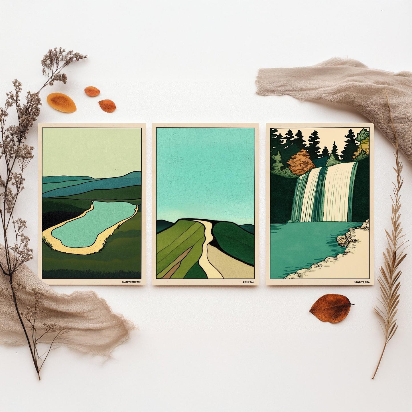 Brecon Beacons Wales Set of Three Prints | Llyn y Fan Fach Pen y Fan Sgwd yr Eira | Emerald Landscape Illustration Wall Art Poster