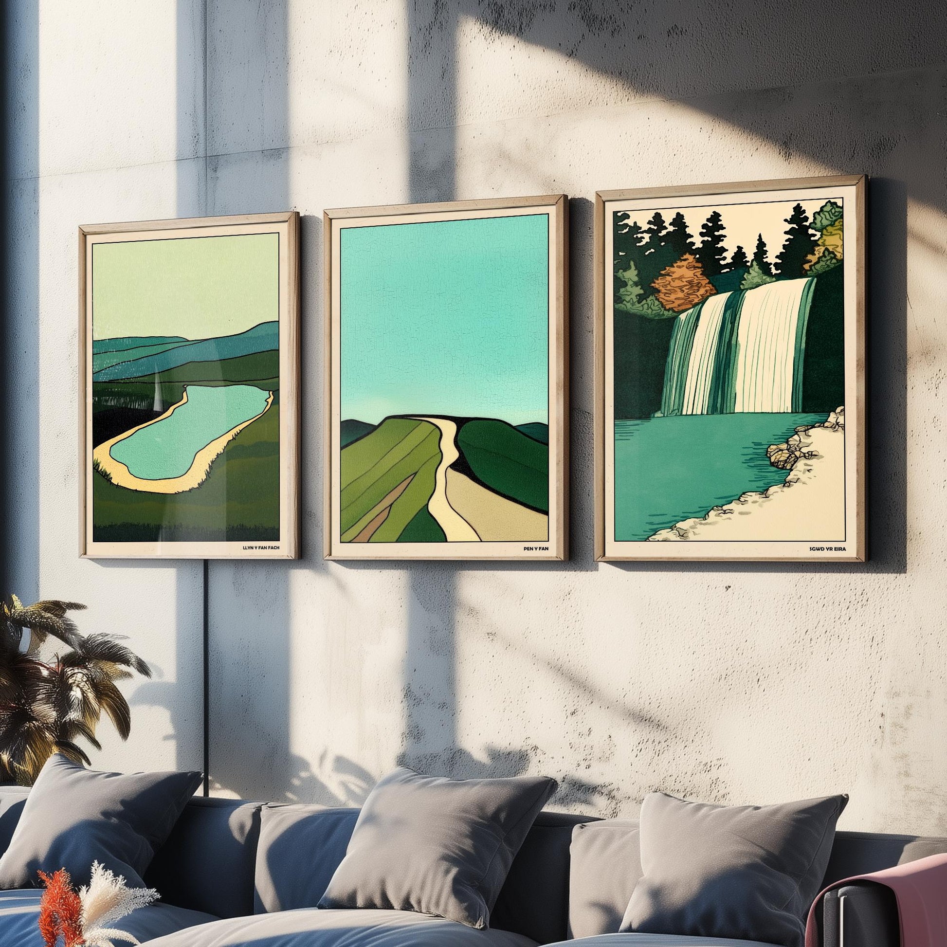 Brecon Beacons Wales Set of Three Prints | Llyn y Fan Fach Pen y Fan Sgwd yr Eira | Emerald Landscape Illustration Wall Art Poster