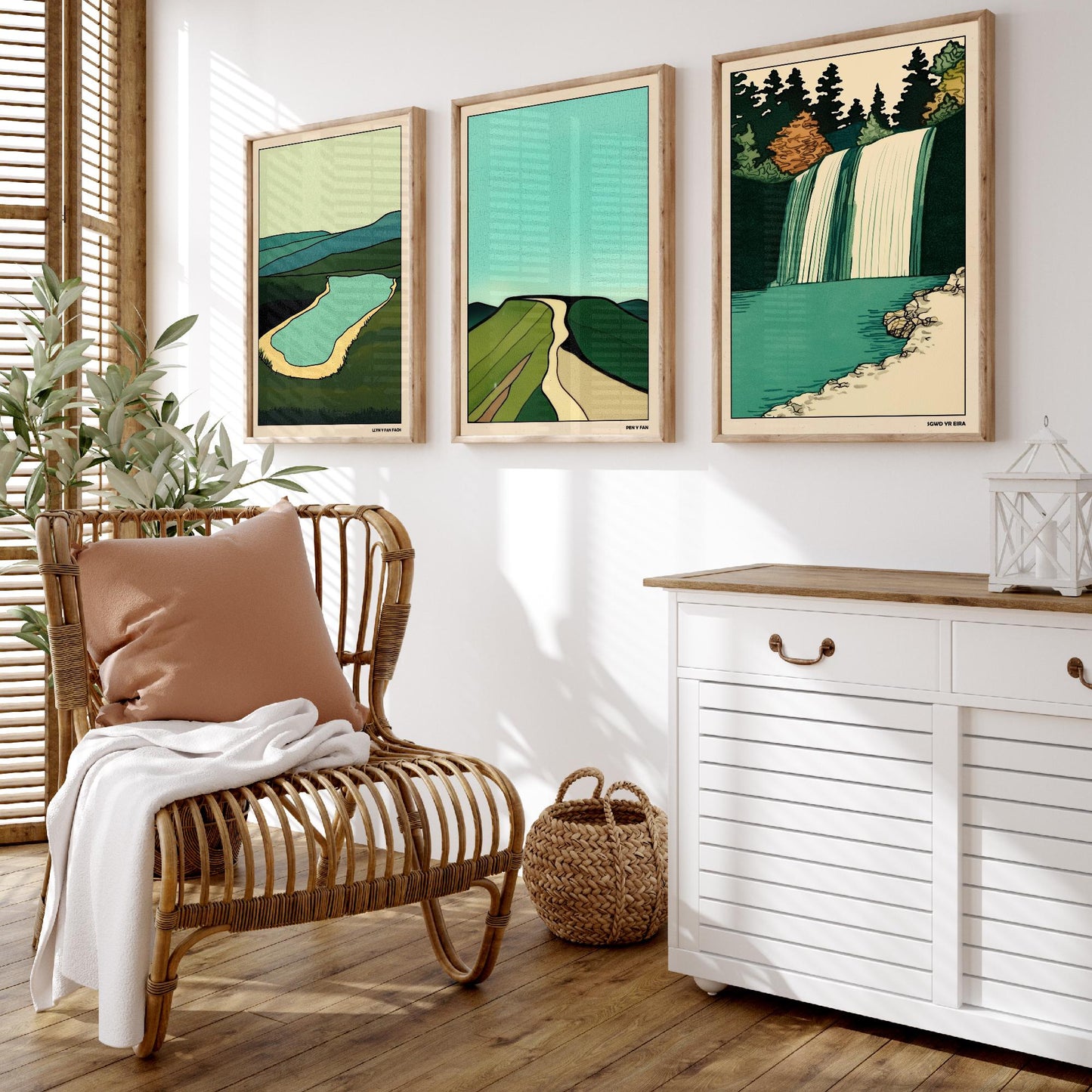 Brecon Beacons Wales Set of Three Prints | Llyn y Fan Fach Pen y Fan Sgwd yr Eira | Emerald Landscape Illustration Wall Art Poster