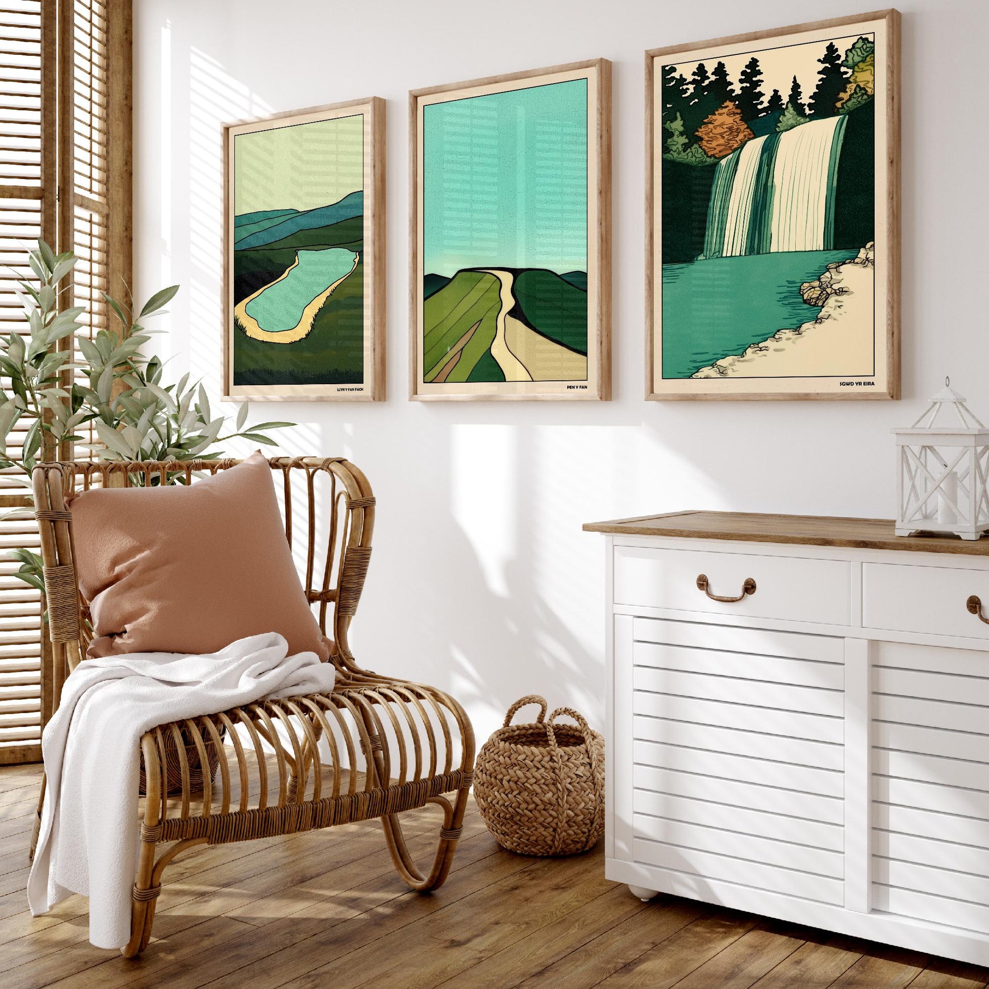 Brecon Beacons Wales Set of Three Prints | Llyn y Fan Fach Pen y Fan Sgwd yr Eira | Emerald Landscape Illustration Wall Art Poster