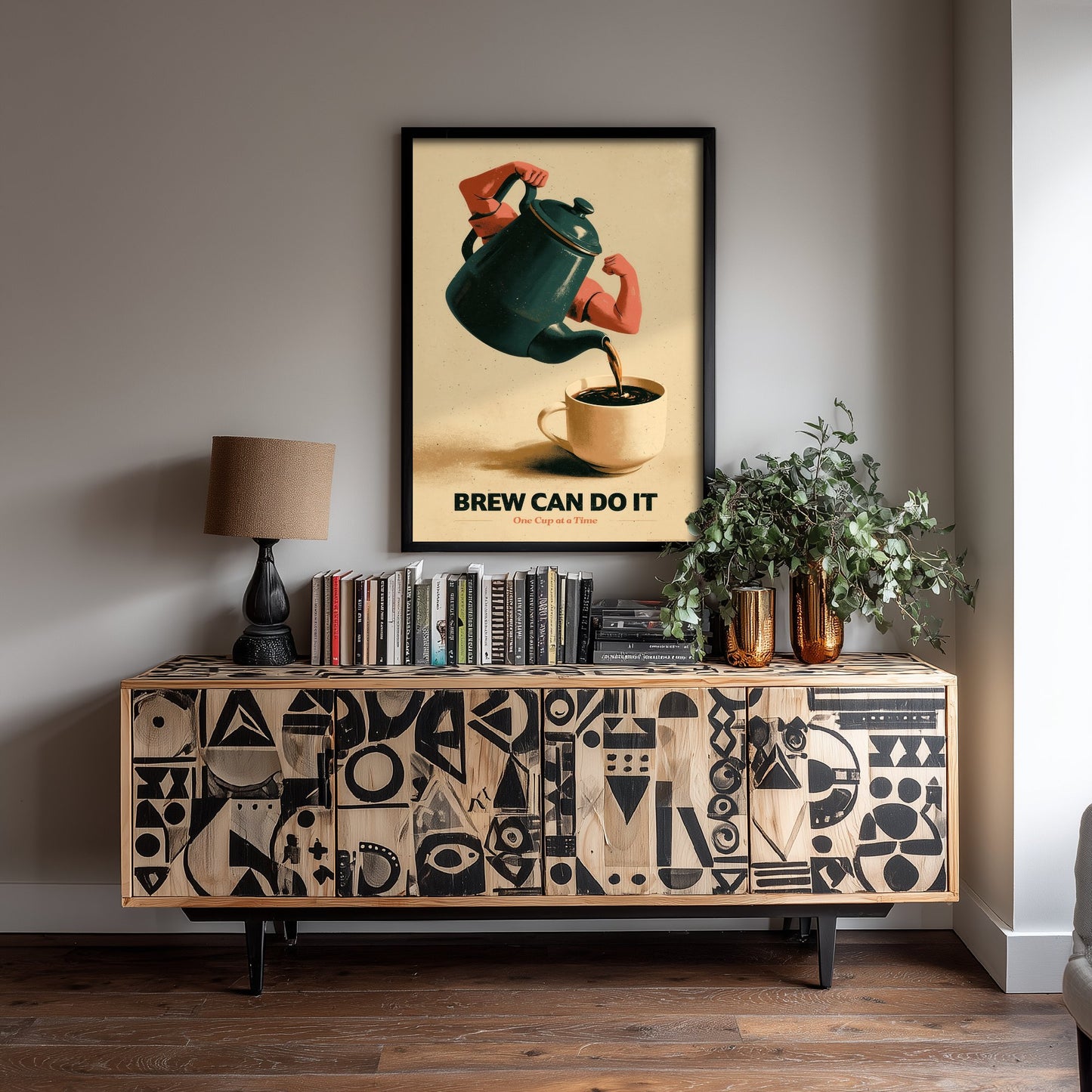 Brew Can Do It Art Print - Flexing Coffee Pot Poster - Retro Motivational Kitchen Illustration V1