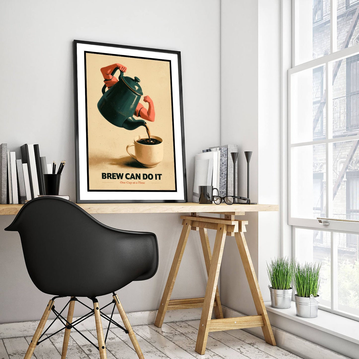Brew Can Do It Art Print - Flexing Coffee Pot Poster - Retro Motivational Kitchen Illustration V1
