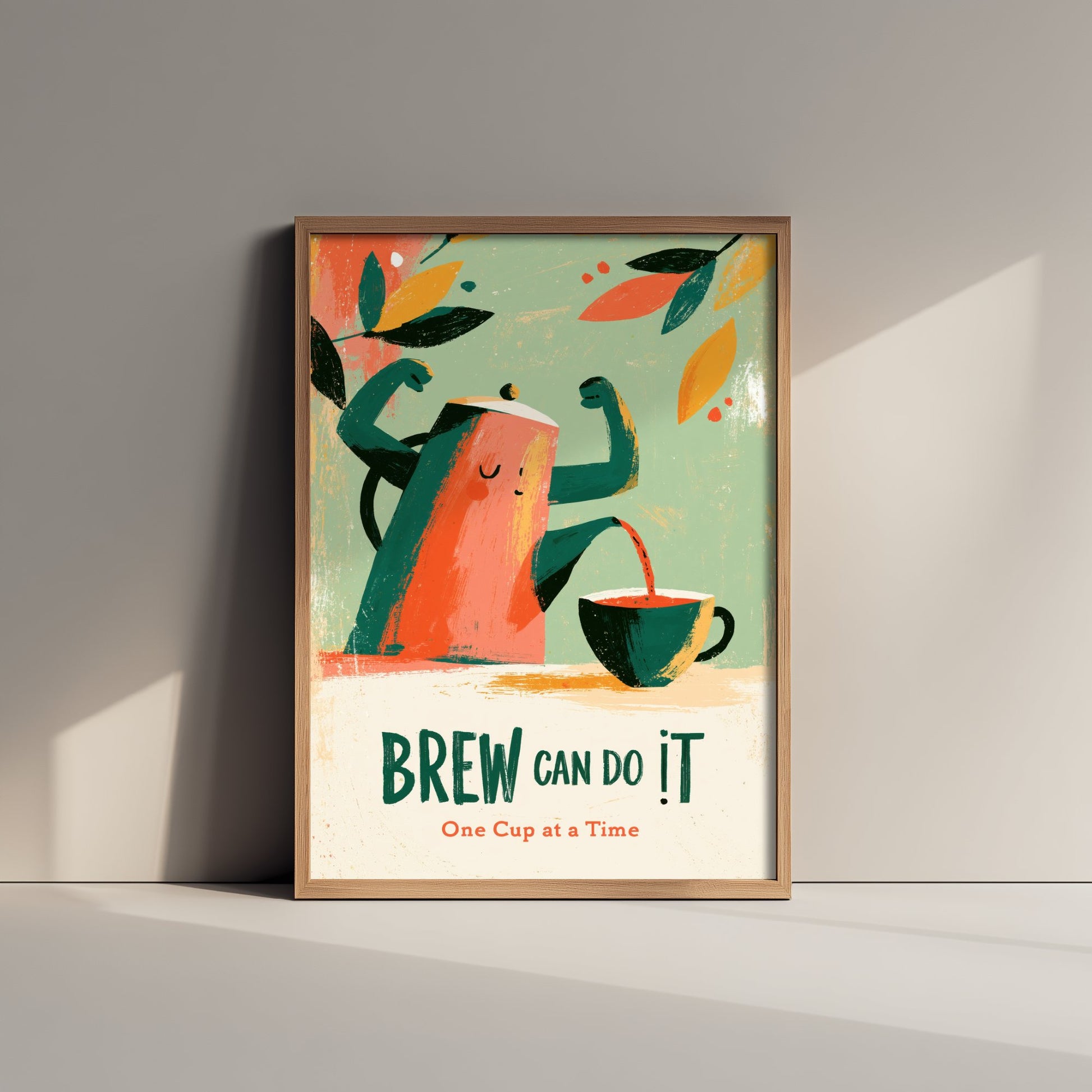 Brew Can Do It Poster - Cheerful Teapot Painting Style Print - Boho Kitchen Encouragement Art V2