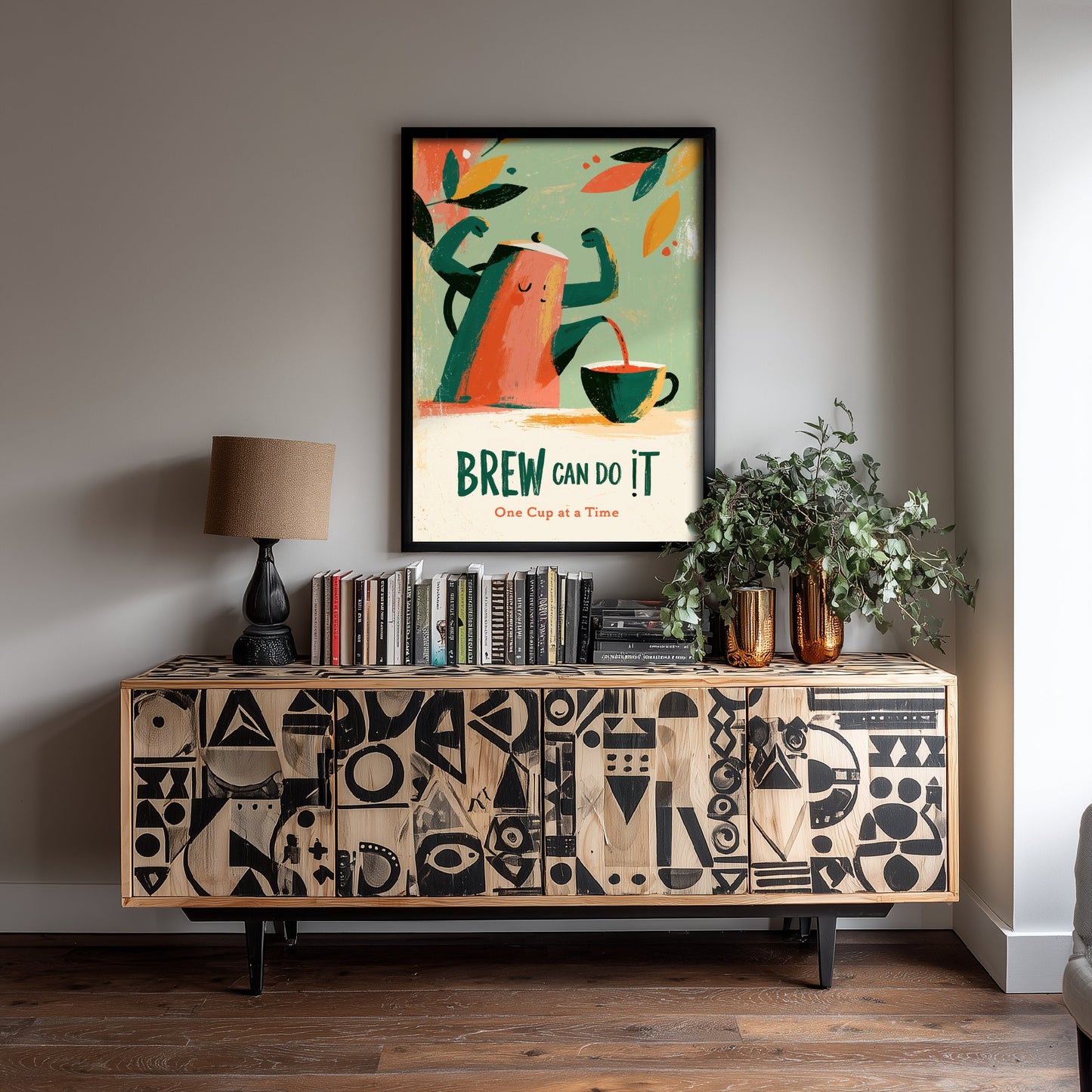 Brew Can Do It Poster - Cheerful Teapot Painting Style Print - Boho Kitchen Encouragement Art V2