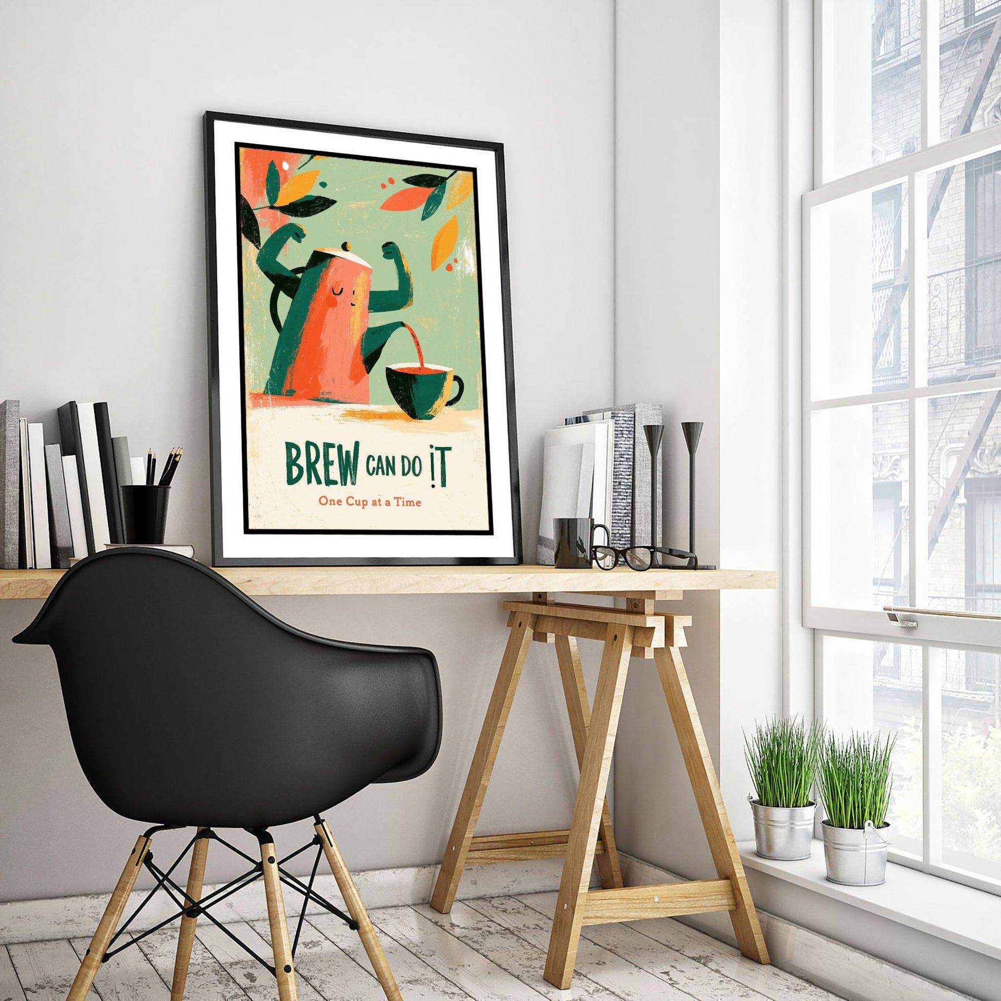 Brew Can Do It Poster - Cheerful Teapot Painting Style Print - Boho Kitchen Encouragement Art V2