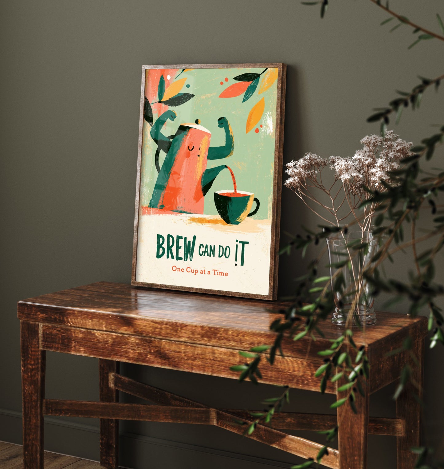 Brew Can Do It Poster - Cheerful Teapot Painting Style Print - Boho Kitchen Encouragement Art V2