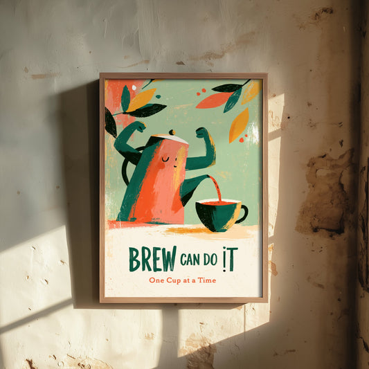 Brew Can Do It Poster - Cheerful Teapot Painting Style Print - Boho Kitchen Encouragement Art V2
