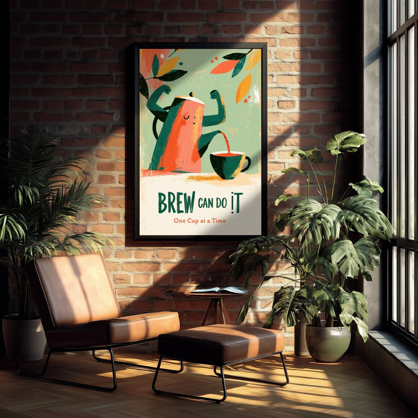Brew Can Do It Poster - Cheerful Teapot Painting Style Print - Boho Kitchen Encouragement Art V2