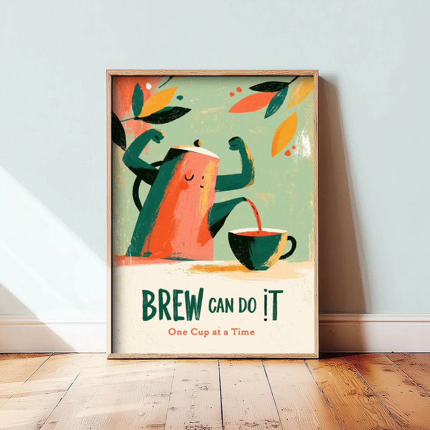 Brew Can Do It Poster - Cheerful Teapot Painting Style Print - Boho Kitchen Encouragement Art V2