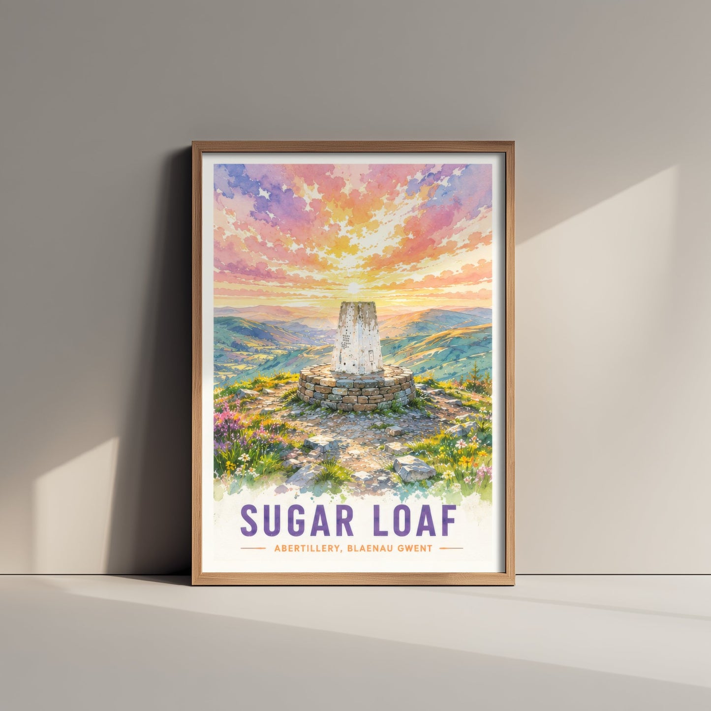 Sugar Loaf Travel Poster - Blaenau Gwent Wales Art Print - Watercolour Painting - Mountain Summit Sunset 1/3