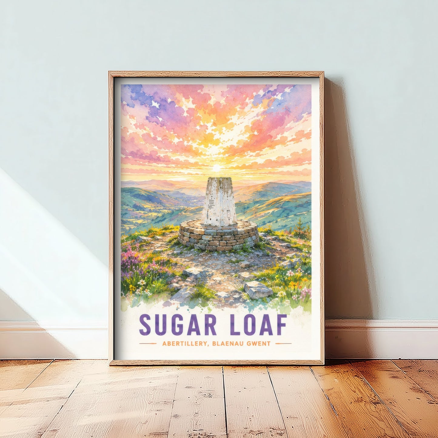 Sugar Loaf Travel Poster - Blaenau Gwent Wales Art Print - Watercolour Painting - Mountain Summit Sunset 1/3
