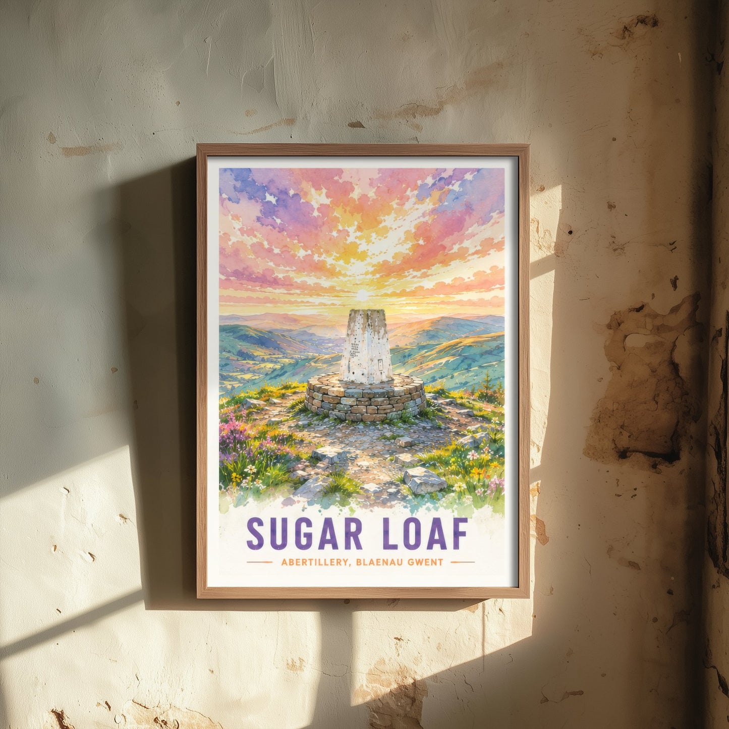 Sugar Loaf Travel Poster - Blaenau Gwent Wales Art Print - Watercolour Painting - Mountain Summit Sunset 1/3