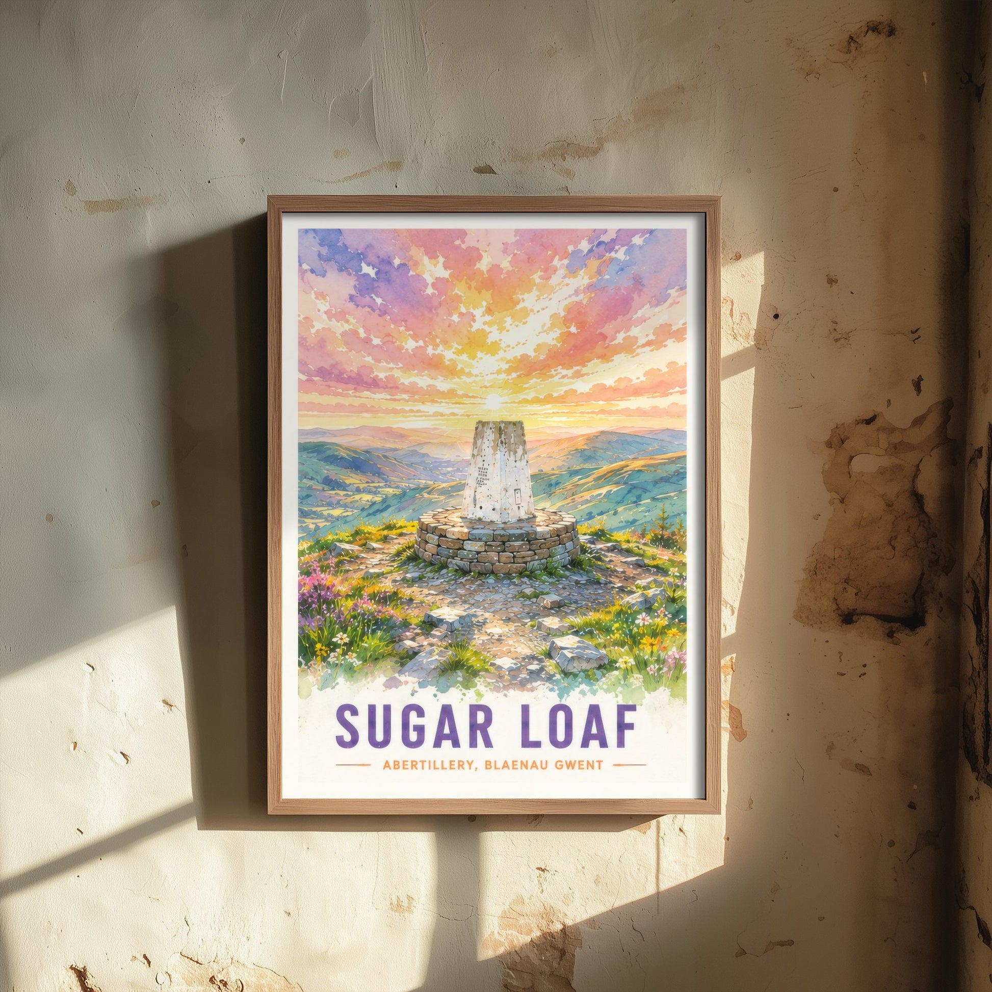 Sugar Loaf Travel Poster - Blaenau Gwent Wales Art Print - Watercolour Painting - Mountain Summit Sunset 1/3