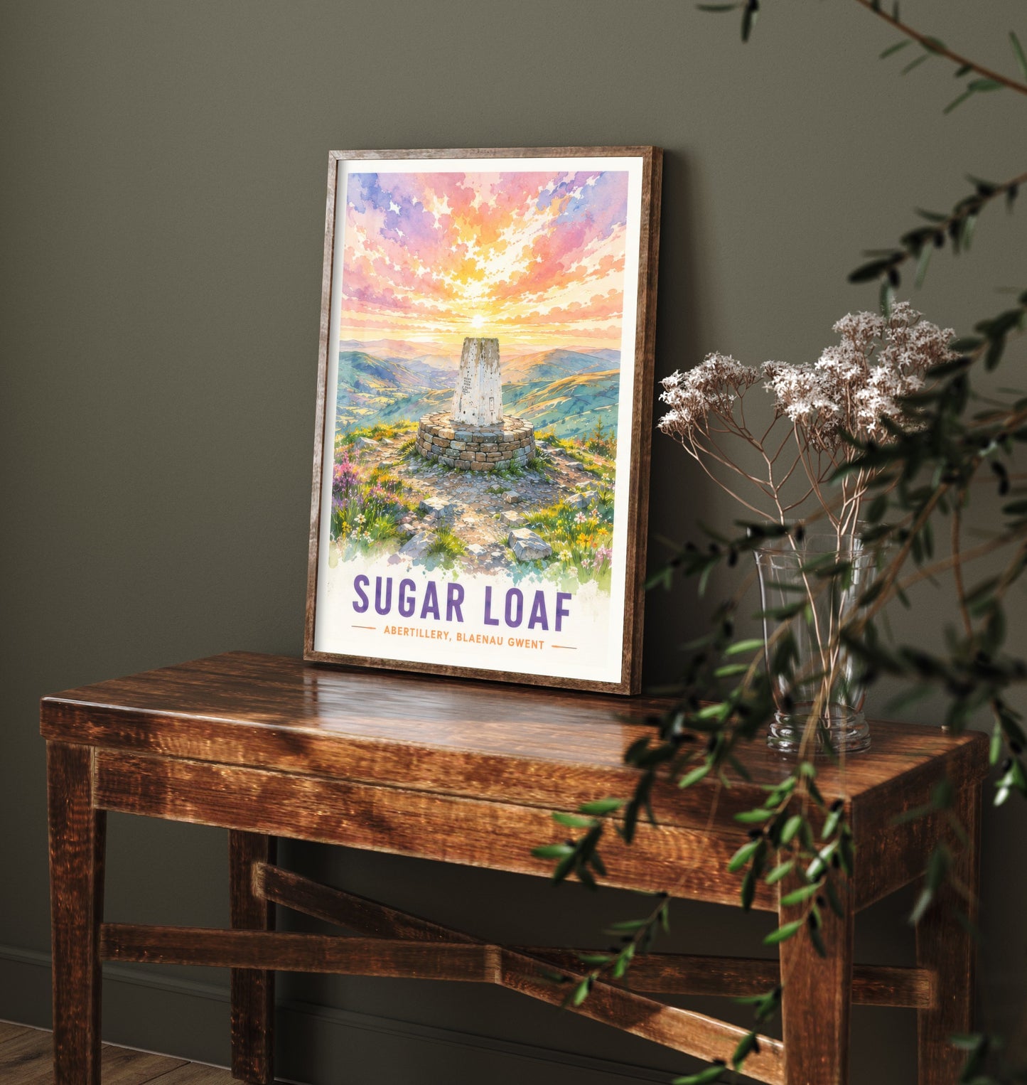 Sugar Loaf Travel Poster - Blaenau Gwent Wales Art Print - Watercolour Painting - Mountain Summit Sunset 1/3