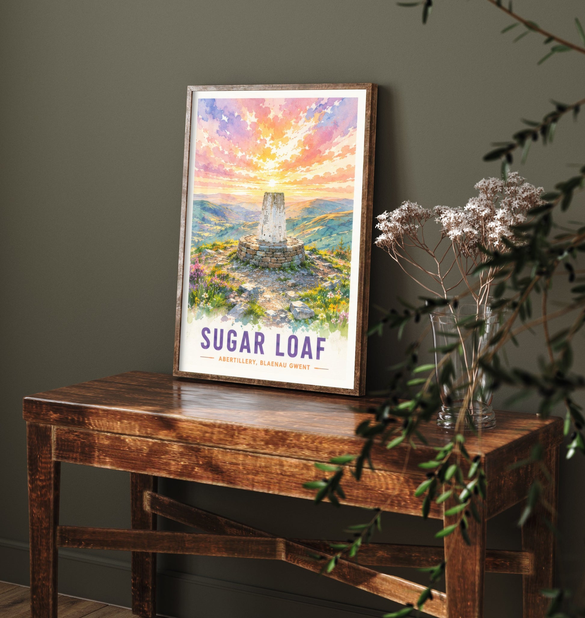 Sugar Loaf Travel Poster - Blaenau Gwent Wales Art Print - Watercolour Painting - Mountain Summit Sunset 1/3