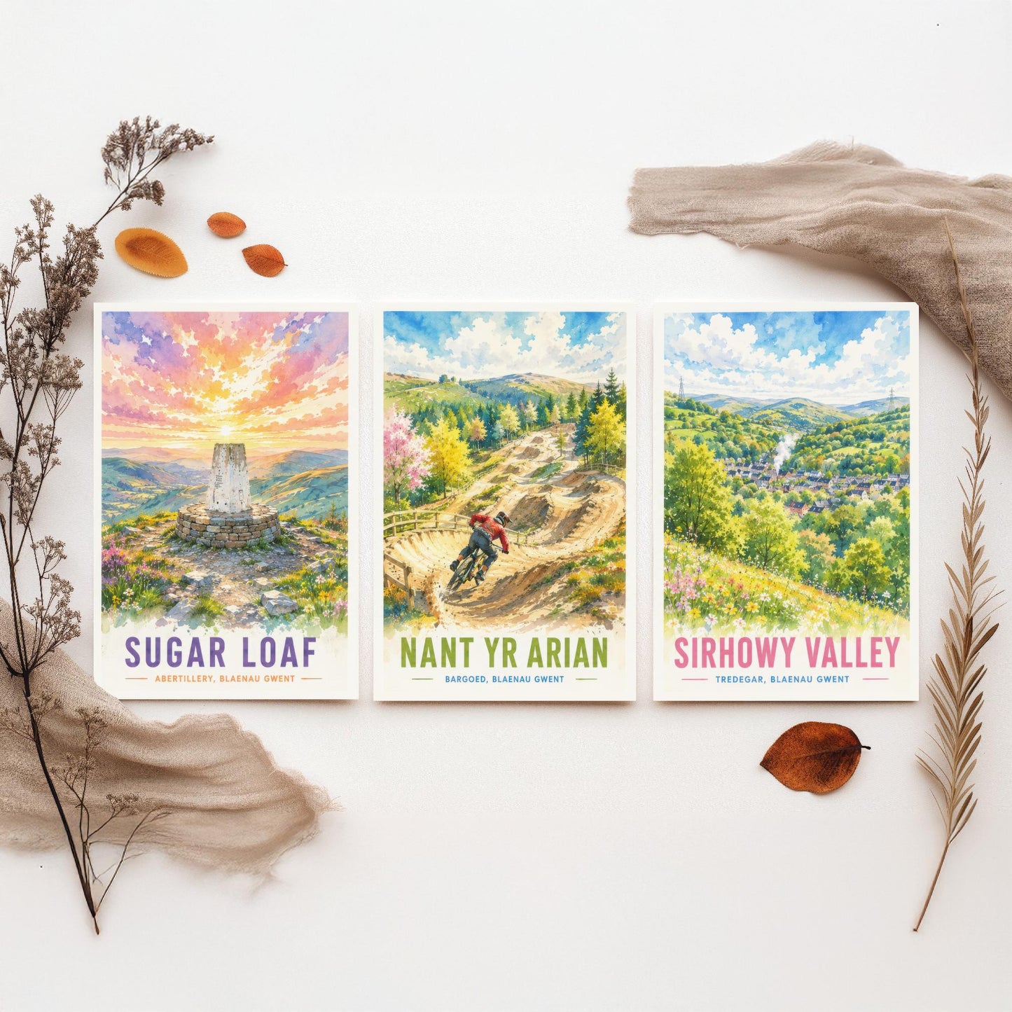 Blaenau Gwent Wales Set of Three Prints | Sugar Loaf Nant yr Arian Sirhowy Valley | Bright Watercolour Travel Wall Art Poster