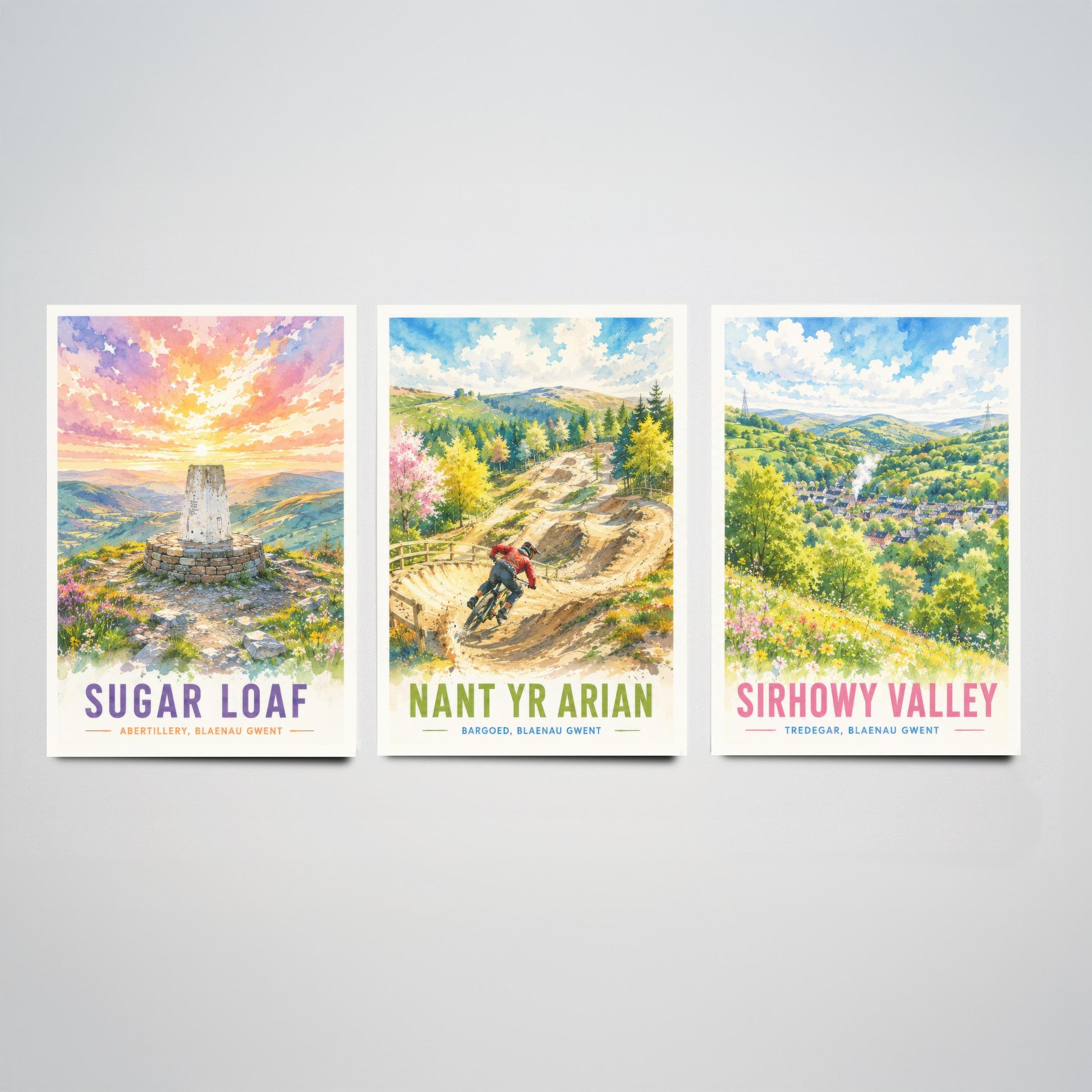 Blaenau Gwent Wales Set of Three Prints | Sugar Loaf Nant yr Arian Sirhowy Valley | Bright Watercolour Travel Wall Art Poster