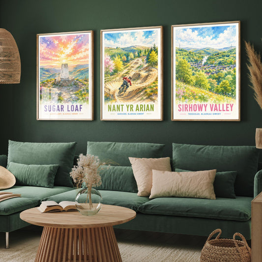 Blaenau Gwent Wales Set of Three Prints | Sugar Loaf Nant yr Arian Sirhowy Valley | Bright Watercolour Travel Wall Art Poster