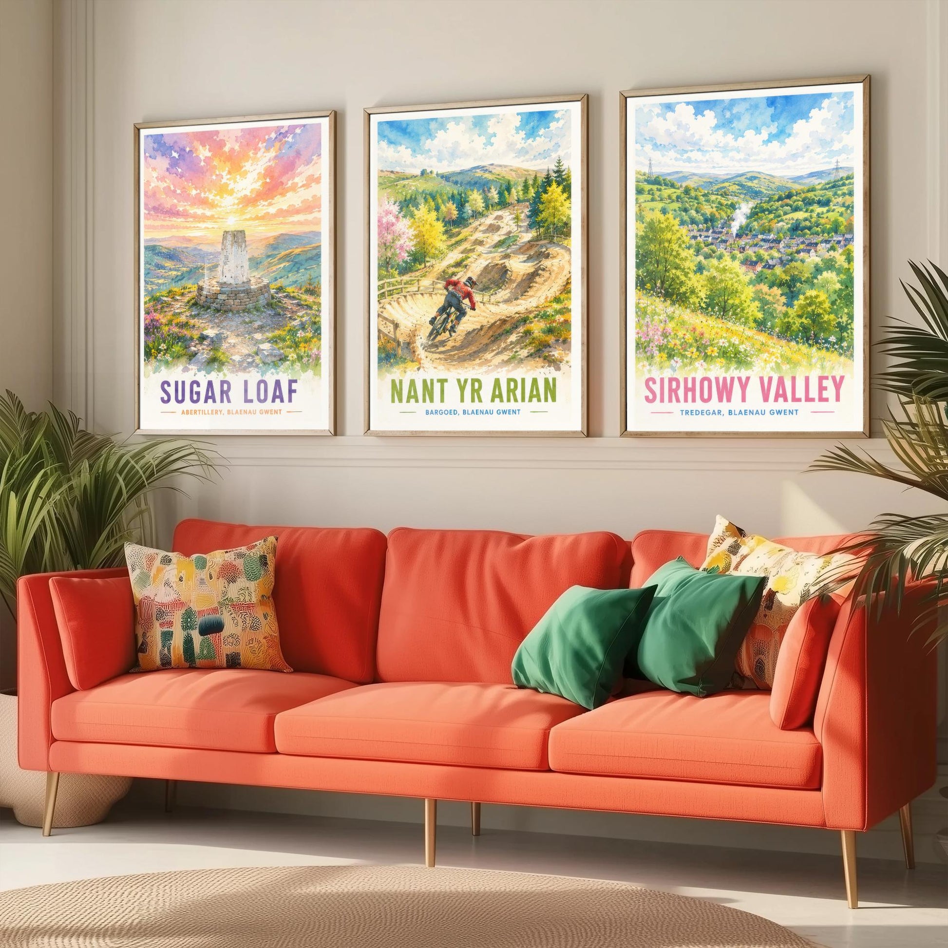 Blaenau Gwent Wales Set of Three Prints | Sugar Loaf Nant yr Arian Sirhowy Valley | Bright Watercolour Travel Wall Art Poster