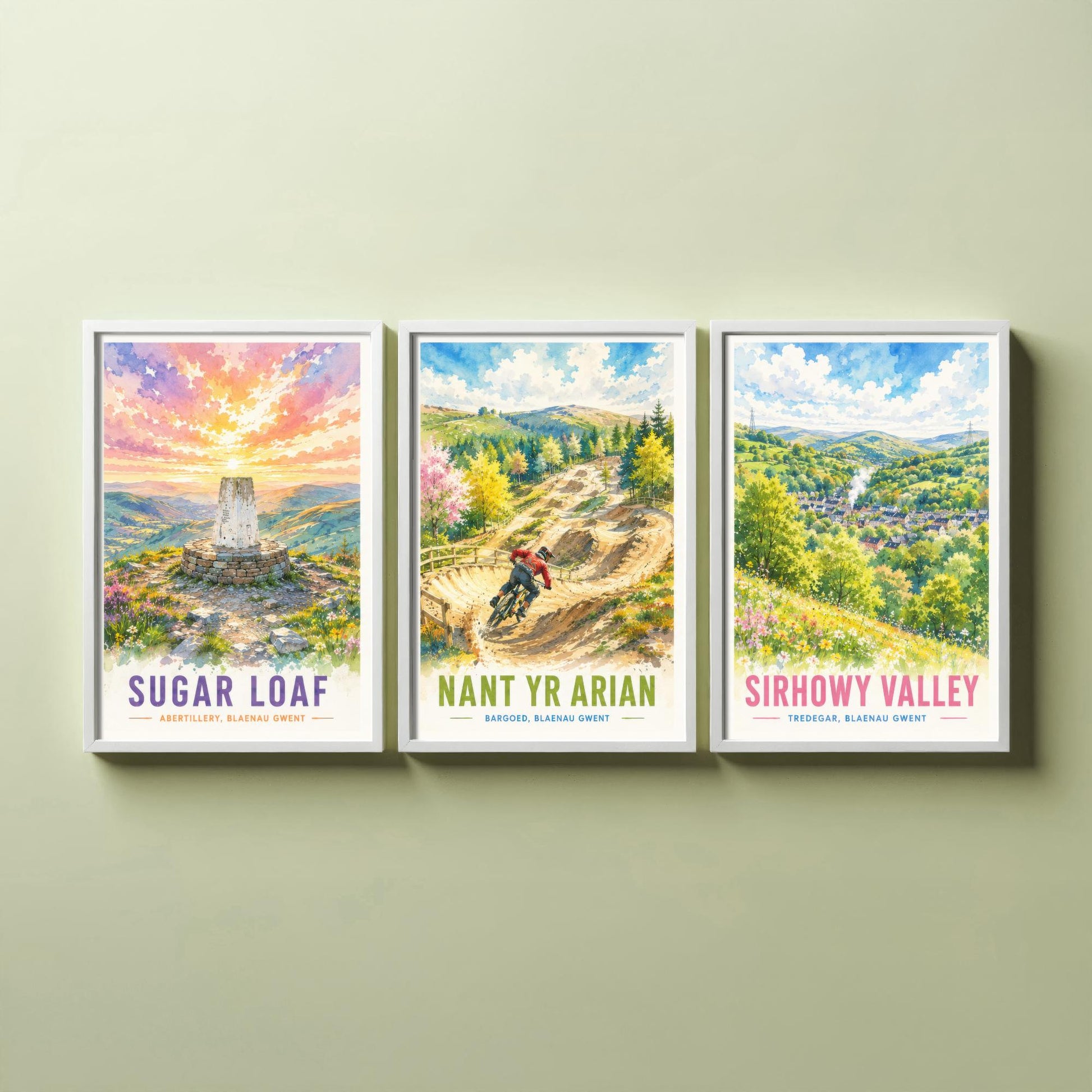Blaenau Gwent Wales Set of Three Prints | Sugar Loaf Nant yr Arian Sirhowy Valley | Bright Watercolour Travel Wall Art Poster