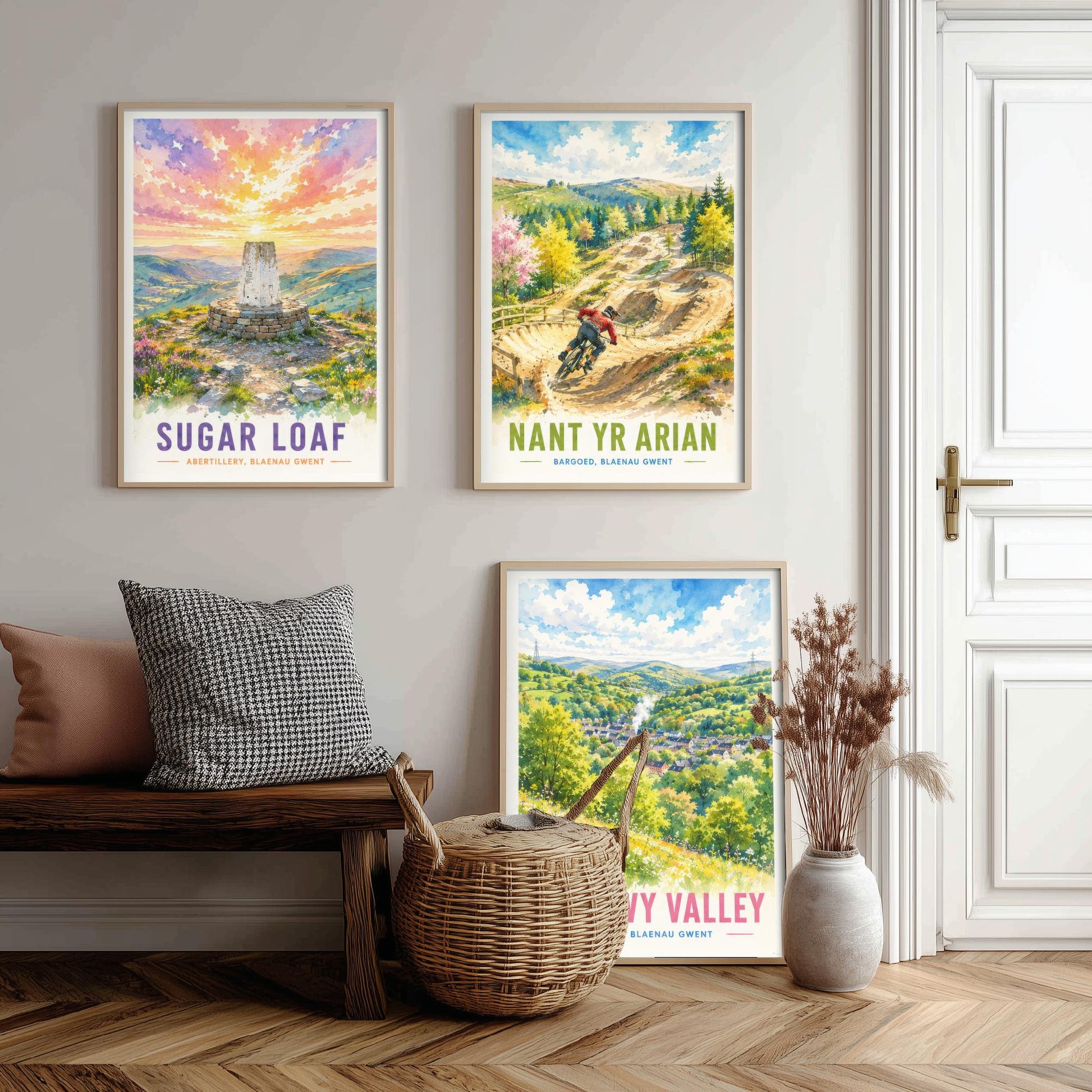 Blaenau Gwent Wales Set of Three Prints | Sugar Loaf Nant yr Arian Sirhowy Valley | Bright Watercolour Travel Wall Art Poster