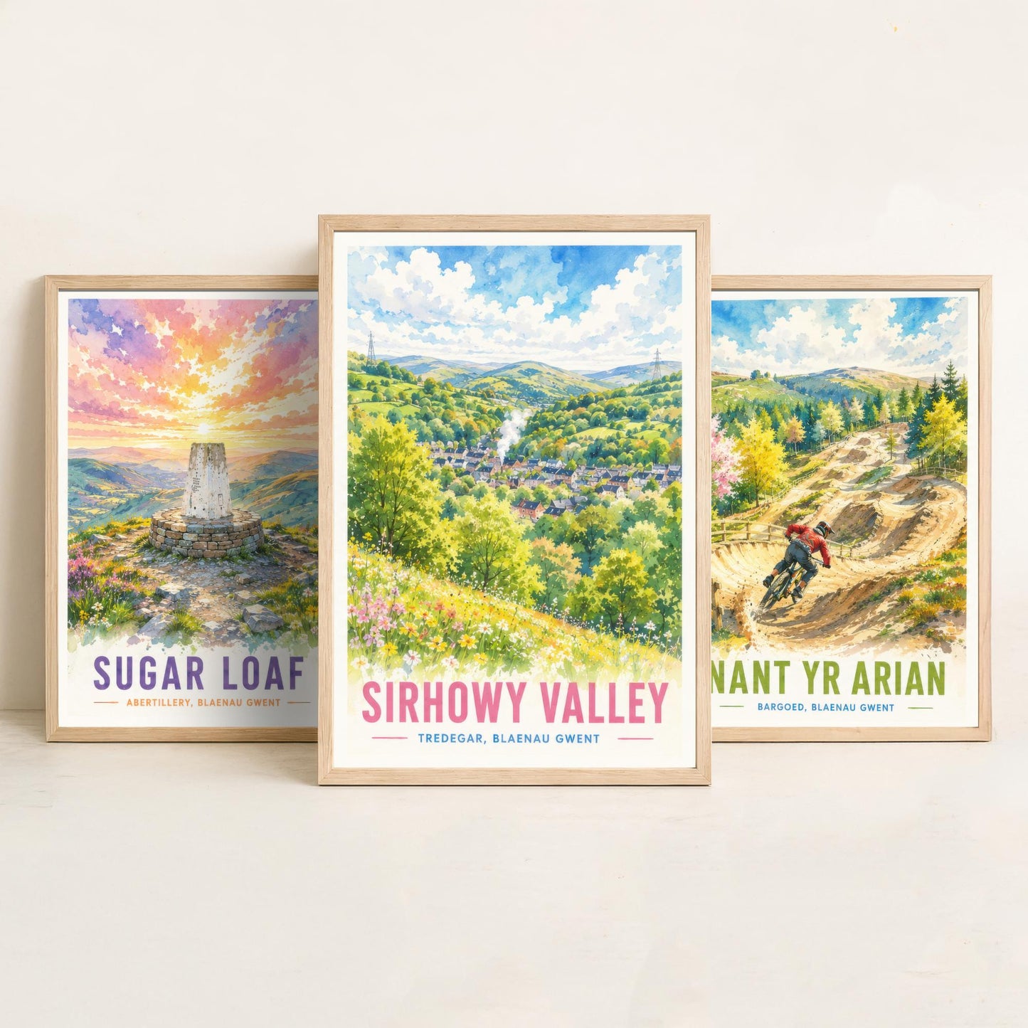 Blaenau Gwent Wales Set of Three Prints | Sugar Loaf Nant yr Arian Sirhowy Valley | Bright Watercolour Travel Wall Art Poster