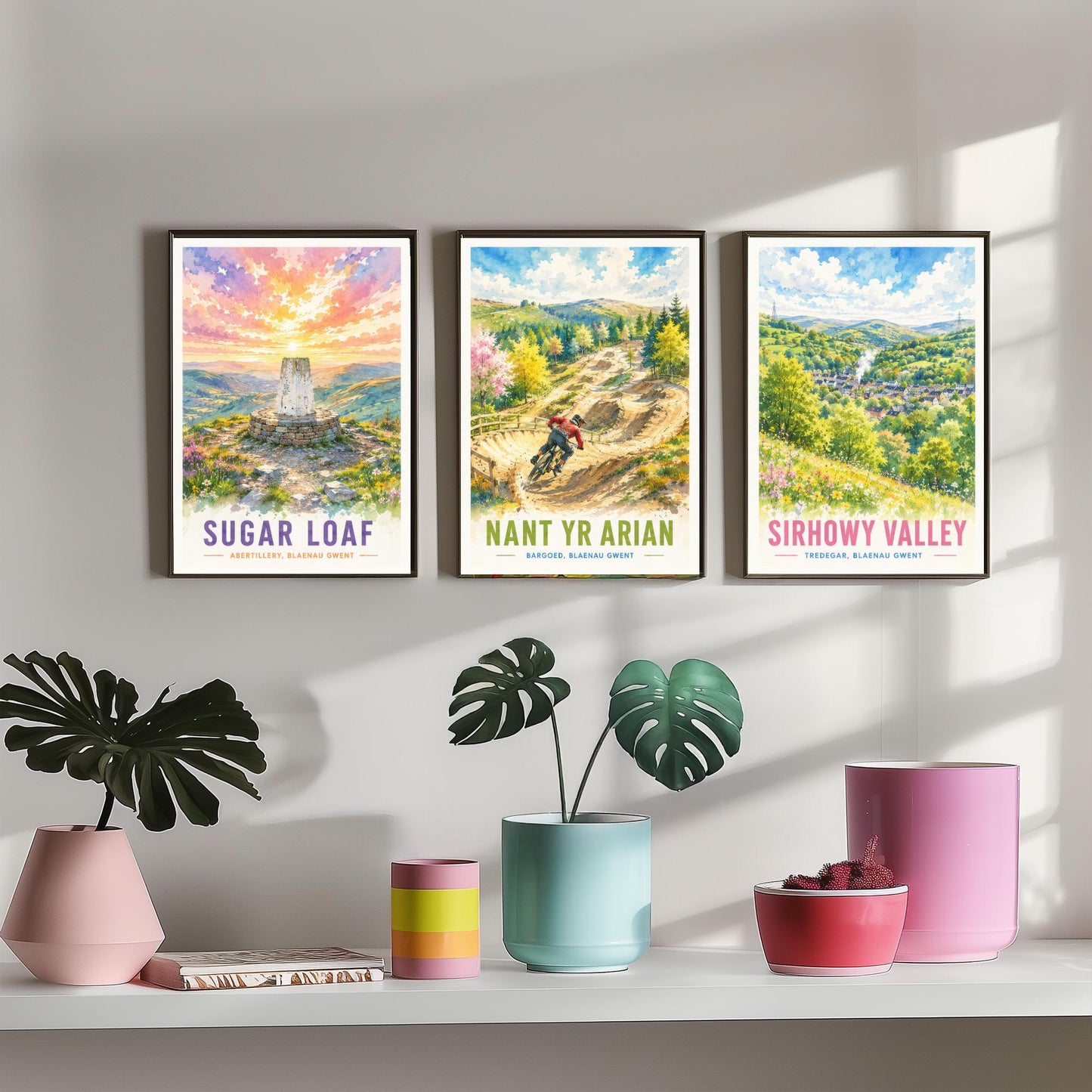 Blaenau Gwent Wales Set of Three Prints | Sugar Loaf Nant yr Arian Sirhowy Valley | Bright Watercolour Travel Wall Art Poster