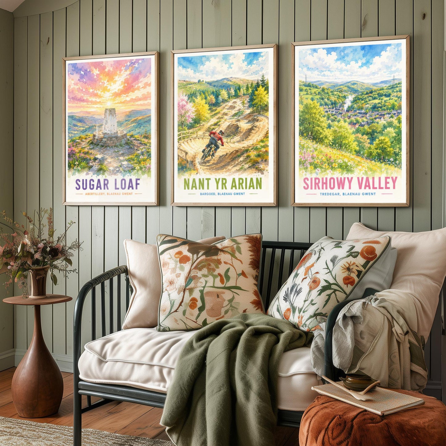 Blaenau Gwent Wales Set of Three Prints | Sugar Loaf Nant yr Arian Sirhowy Valley | Bright Watercolour Travel Wall Art Poster