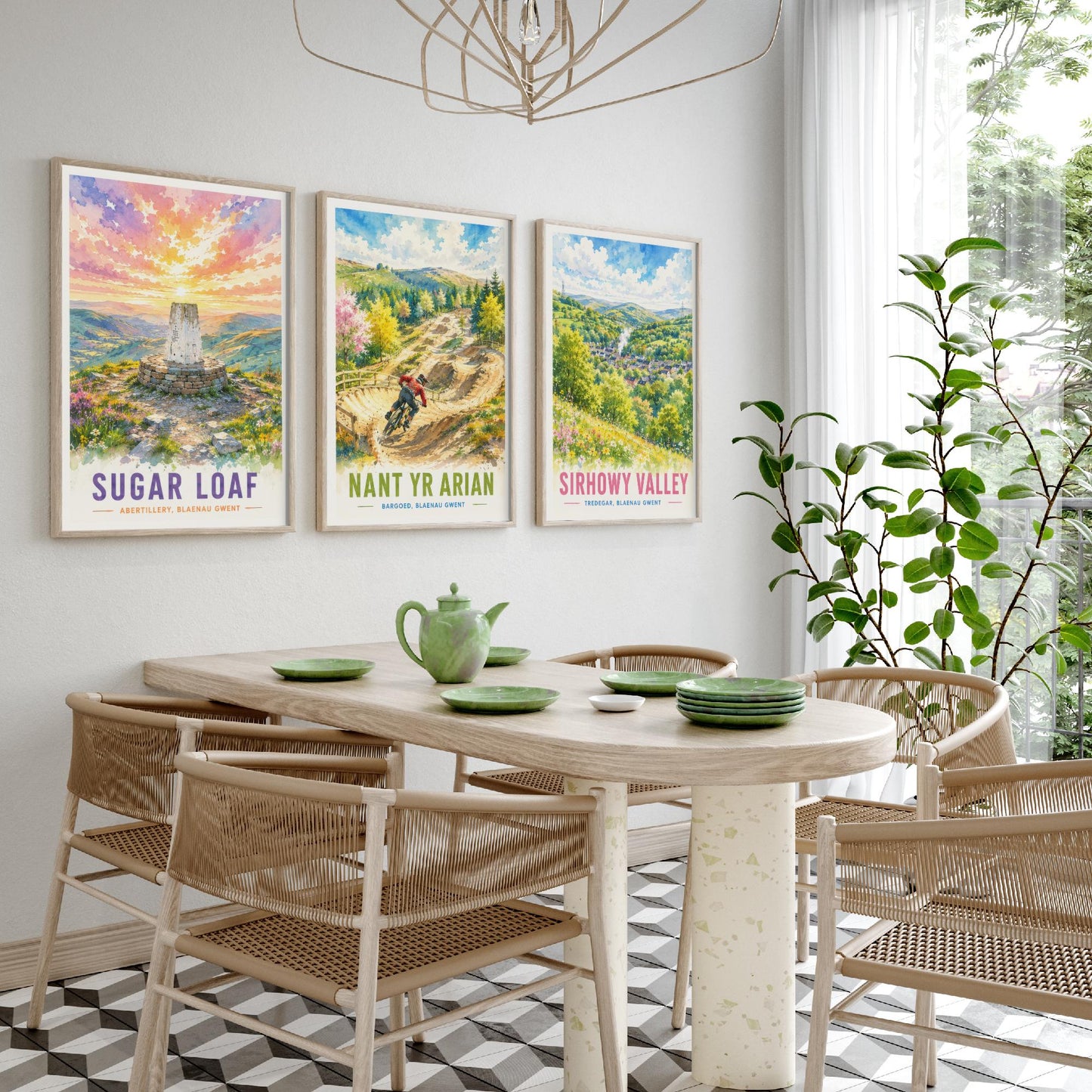 Blaenau Gwent Wales Set of Three Prints | Sugar Loaf Nant yr Arian Sirhowy Valley | Bright Watercolour Travel Wall Art Poster