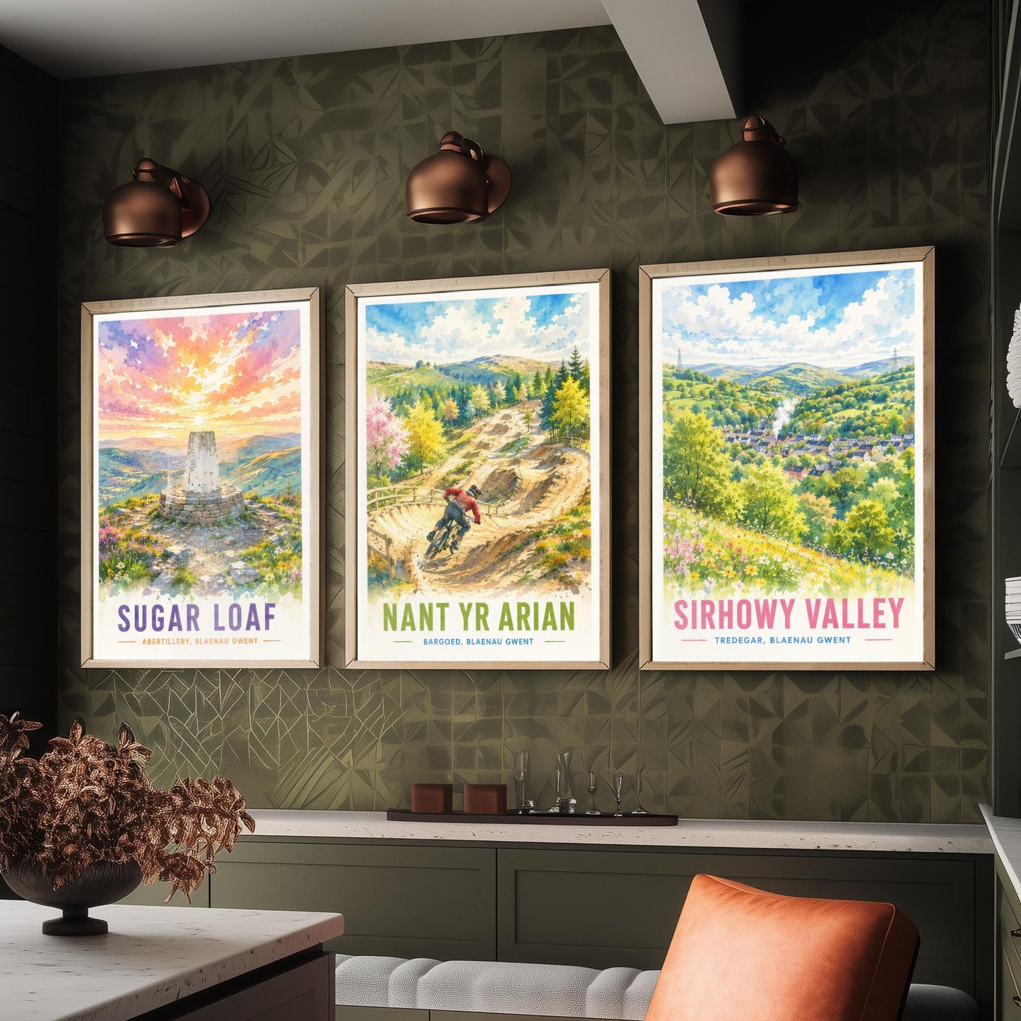 Blaenau Gwent Wales Set of Three Prints | Sugar Loaf Nant yr Arian Sirhowy Valley | Bright Watercolour Travel Wall Art Poster