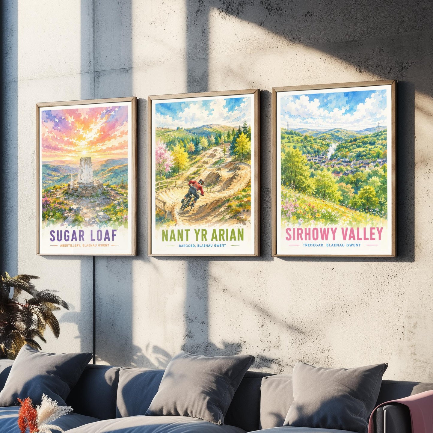 Blaenau Gwent Wales Set of Three Prints | Sugar Loaf Nant yr Arian Sirhowy Valley | Bright Watercolour Travel Wall Art Poster