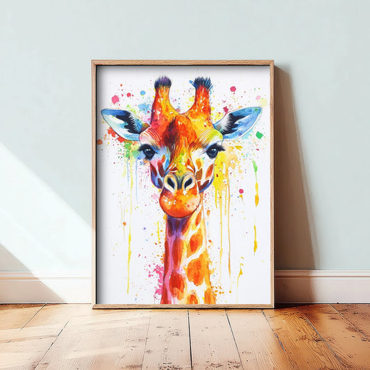 Giraffe Watercolour Art Print - Colourful Safari Animal Painting - Rainbow Nursery Wall Art - Kids Room Poster 1/3