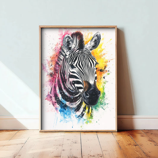 Zebra Watercolour Art Print - Colourful Safari Animal Painting - Rainbow Nursery Wall Art - Kids Room Poster 3/3
