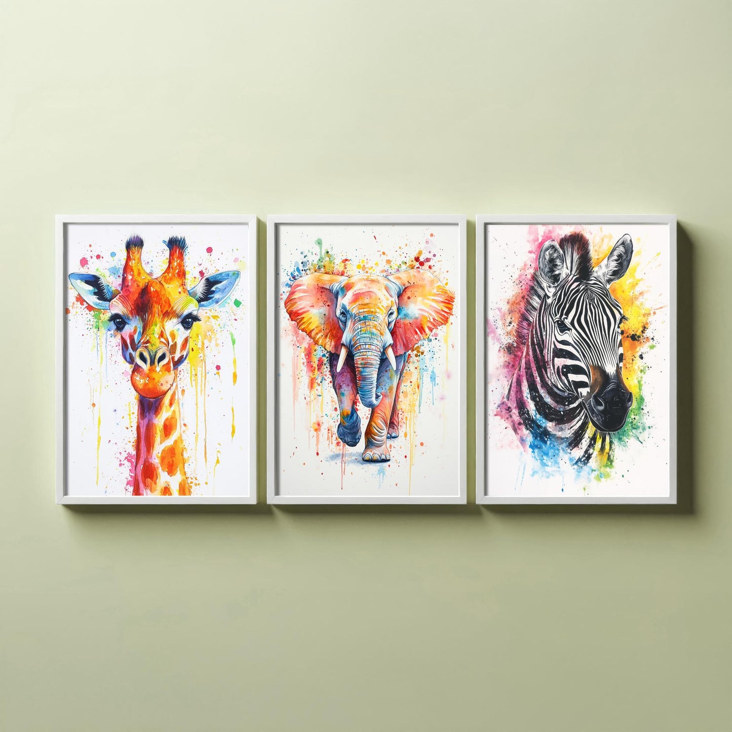 Safari Animals Set of Three Art Prints - 3 Rainbow Giraffe Elephant Zebra Watercolour Posters - Colourful Nursery Wall Decor Gift