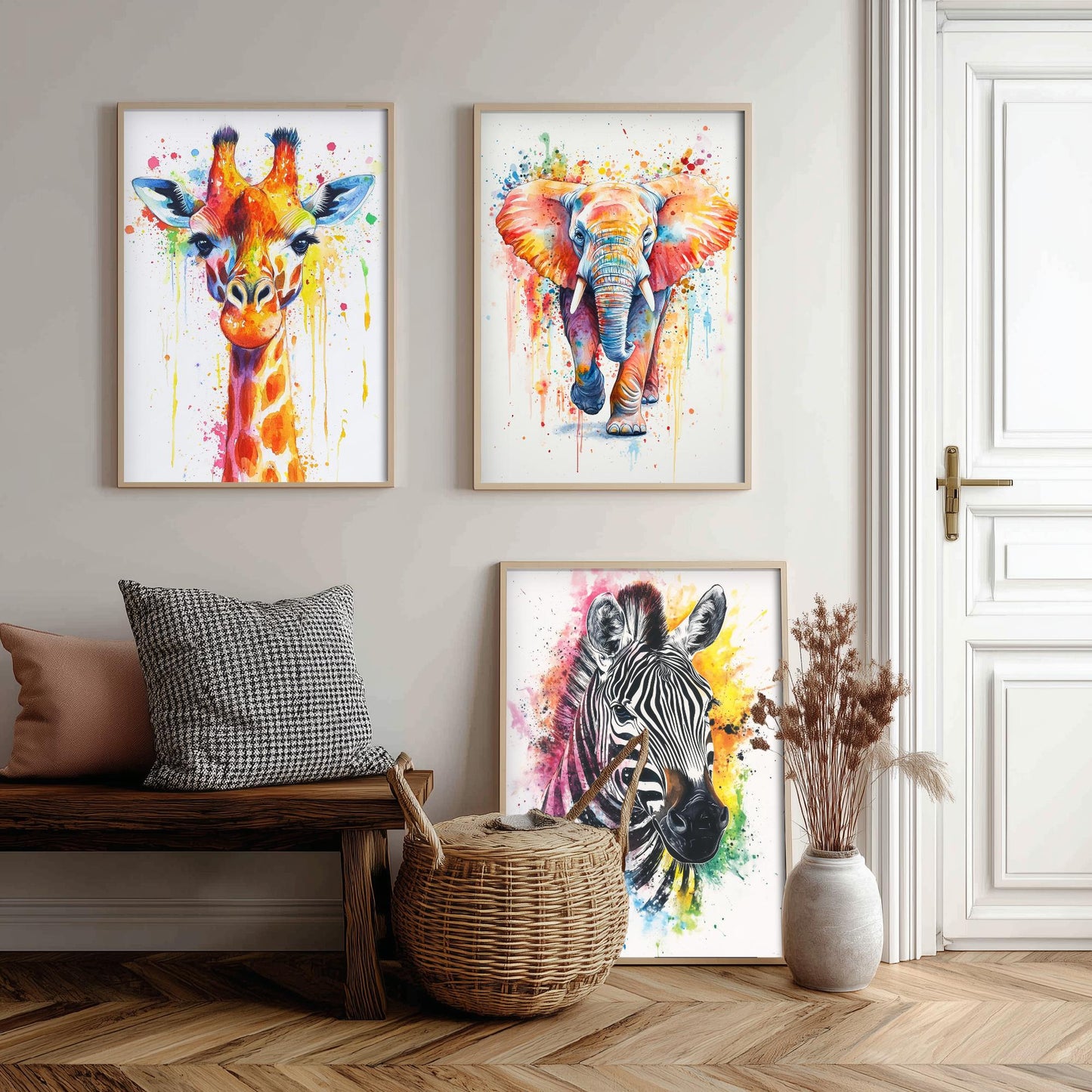 Safari Animals Set of Three Art Prints - 3 Rainbow Giraffe Elephant Zebra Watercolour Posters - Colourful Nursery Wall Decor Gift
