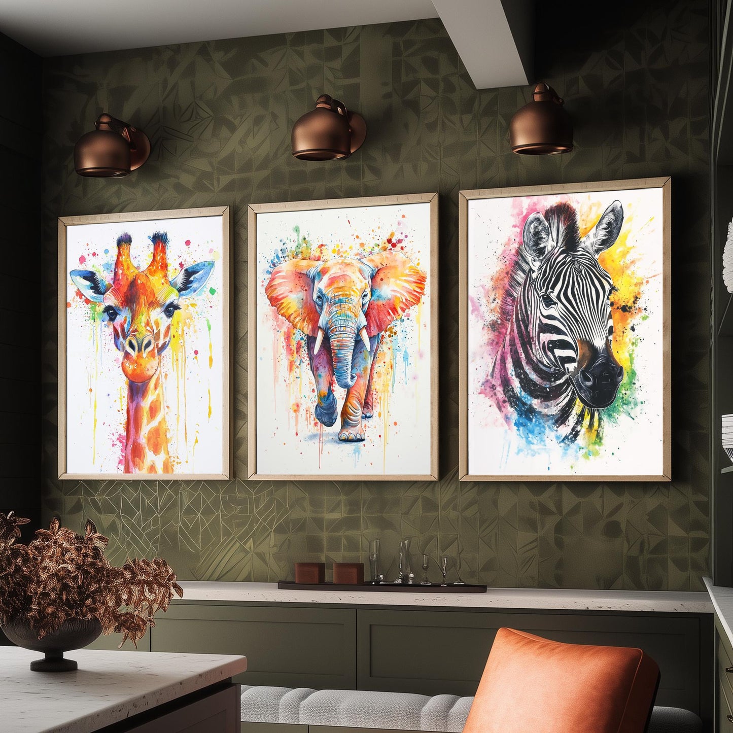 Safari Animals Set of Three Art Prints - 3 Rainbow Giraffe Elephant Zebra Watercolour Posters - Colourful Nursery Wall Decor Gift
