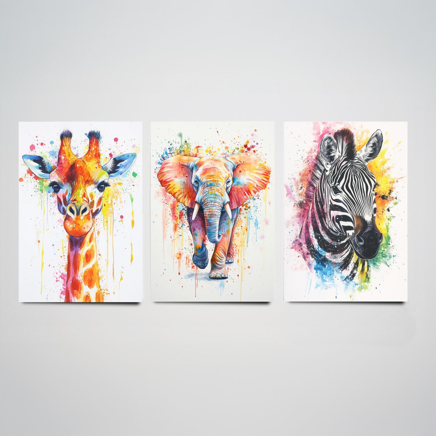 Safari Animals Set of Three Art Prints - 3 Rainbow Giraffe Elephant Zebra Watercolour Posters - Colourful Nursery Wall Decor Gift