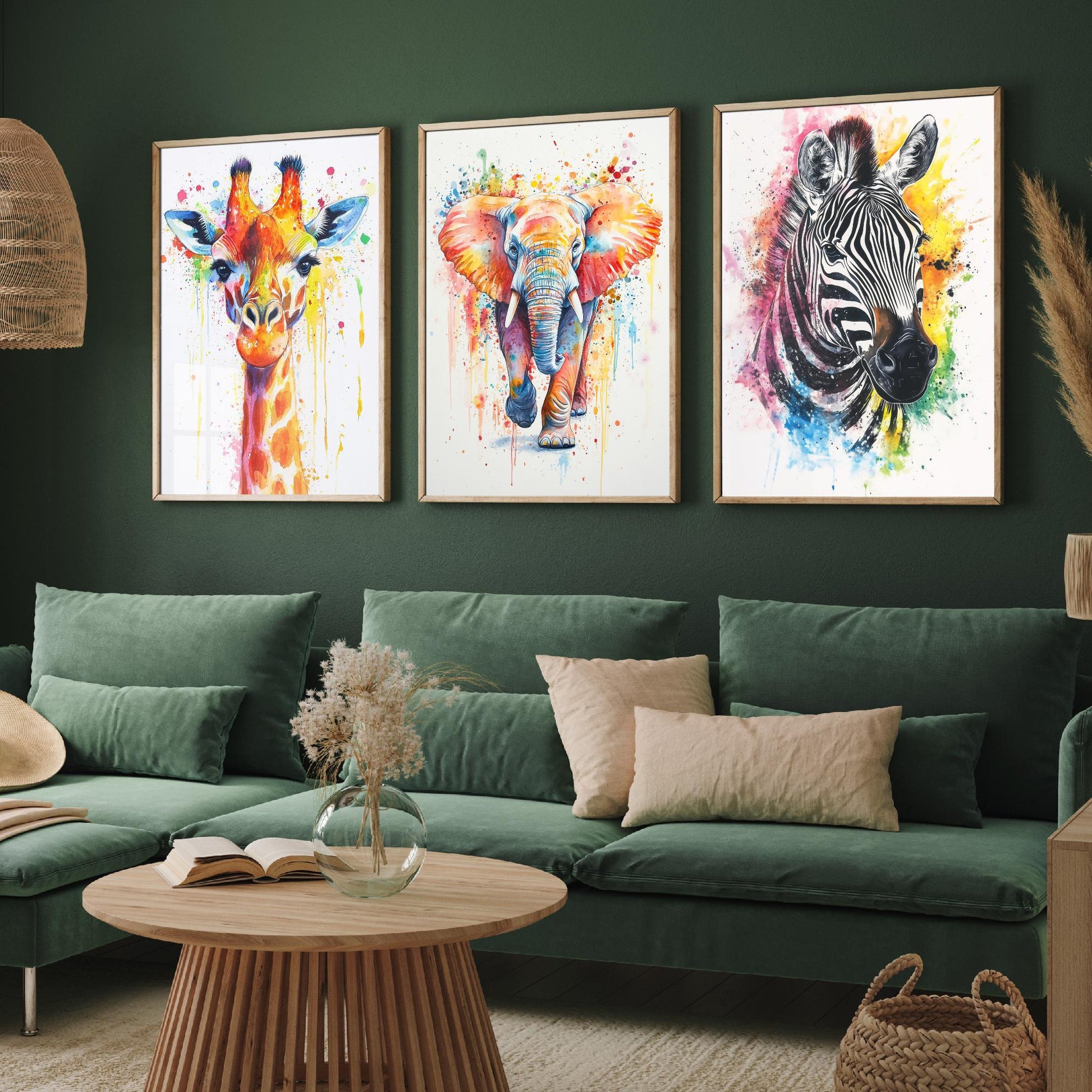 Safari Animals Set of Three Art Prints - 3 Rainbow Giraffe Elephant Zebra Watercolour Posters - Colourful Nursery Wall Decor Gift