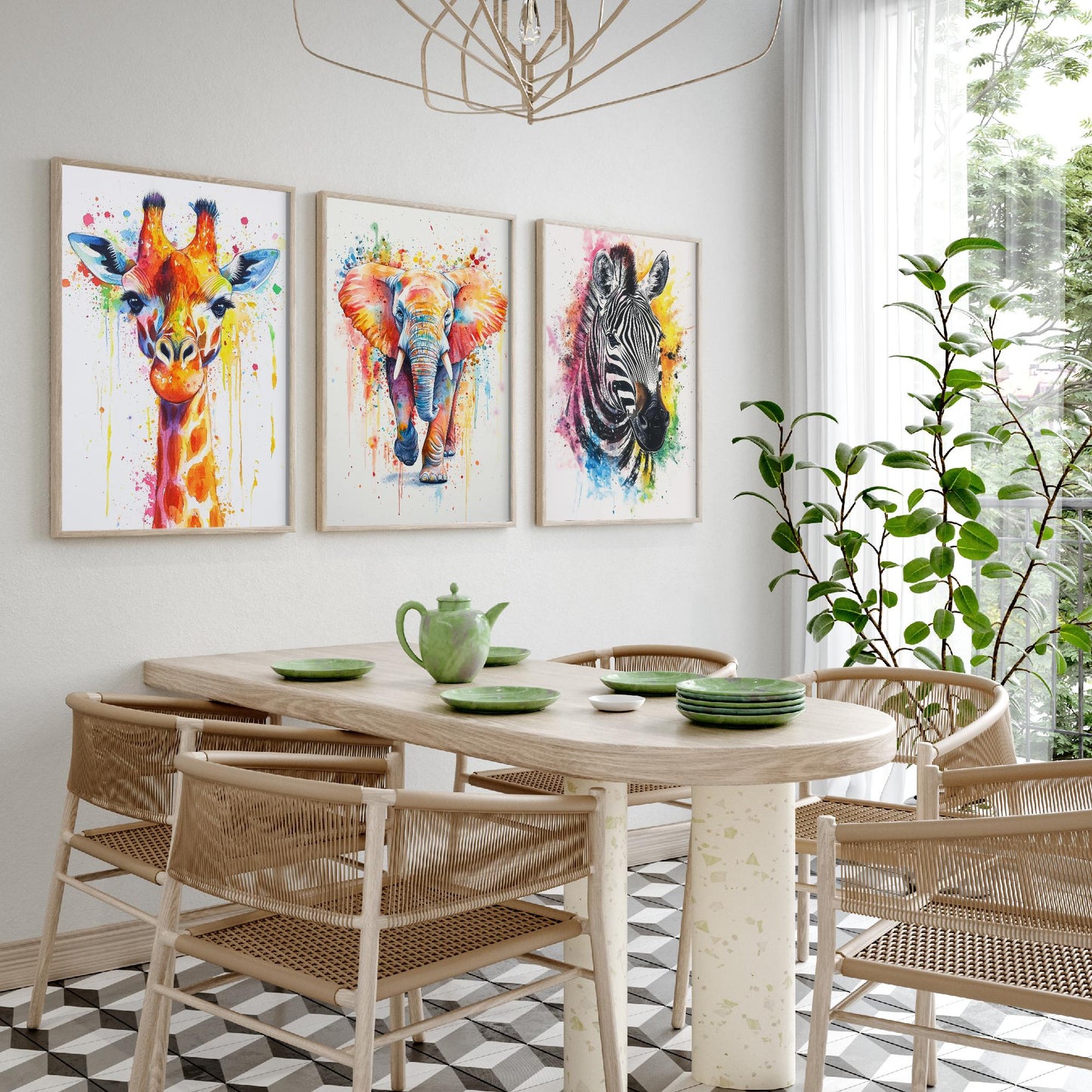 Safari Animals Set of Three Art Prints - 3 Rainbow Giraffe Elephant Zebra Watercolour Posters - Colourful Nursery Wall Decor Gift