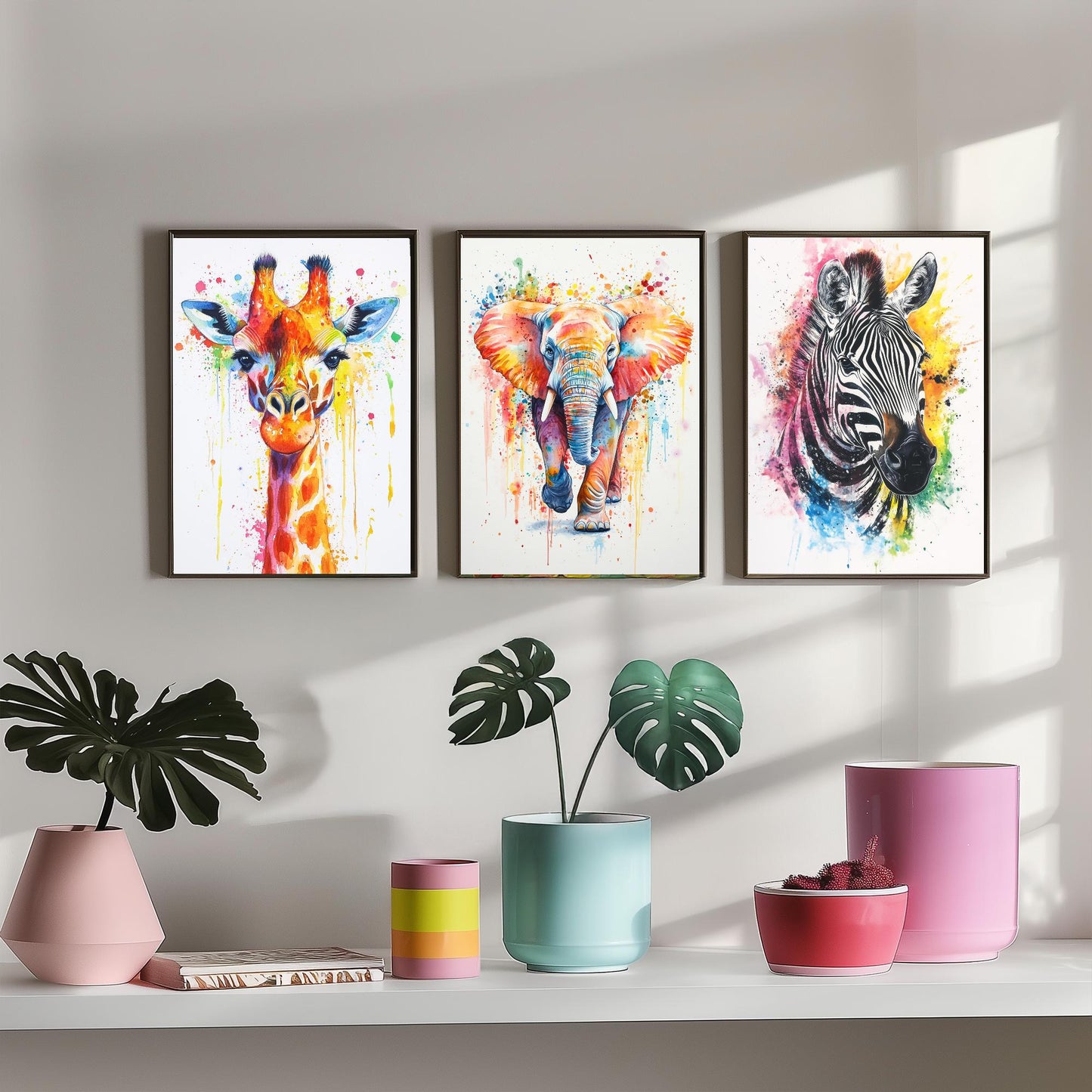 Safari Animals Set of Three Art Prints - 3 Rainbow Giraffe Elephant Zebra Watercolour Posters - Colourful Nursery Wall Decor Gift